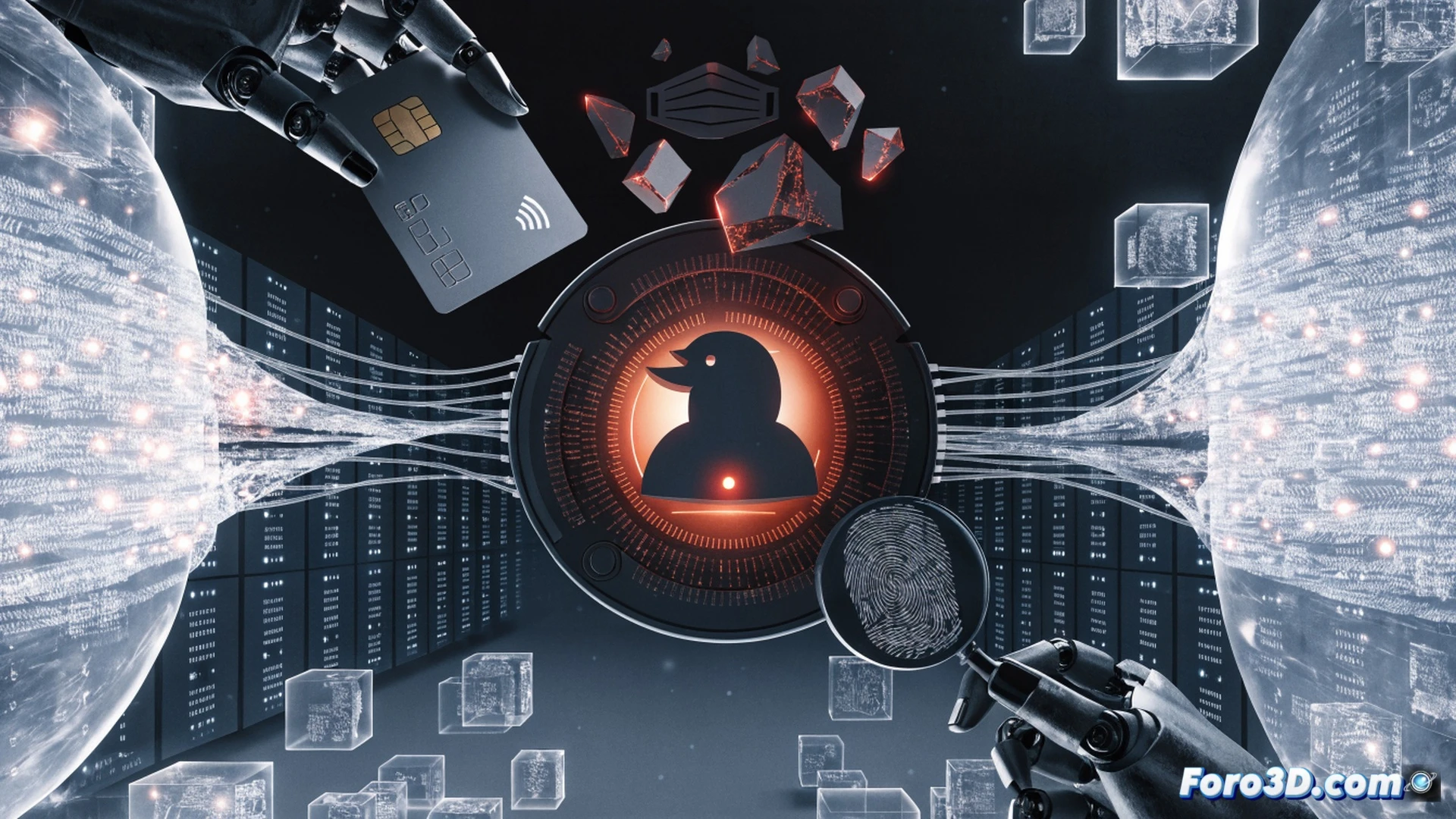 Japanese corporate office interior, security breach visualization, server rack with red warning lights flashing, digital padlock icon breaking apart into fragments over a map of Japan, data streams flowing from an open laptop screen into shadowy hands, magnifying glass hovering above scattered insurance policy documents, glowing blue and red cyber threat indicators on a monitor, cinematic technical illustration, dark atmosphere with dramatic high-contrast lighting, photorealistic render, detailed network cables and hardware components, action showing data exfiltration process in real-time