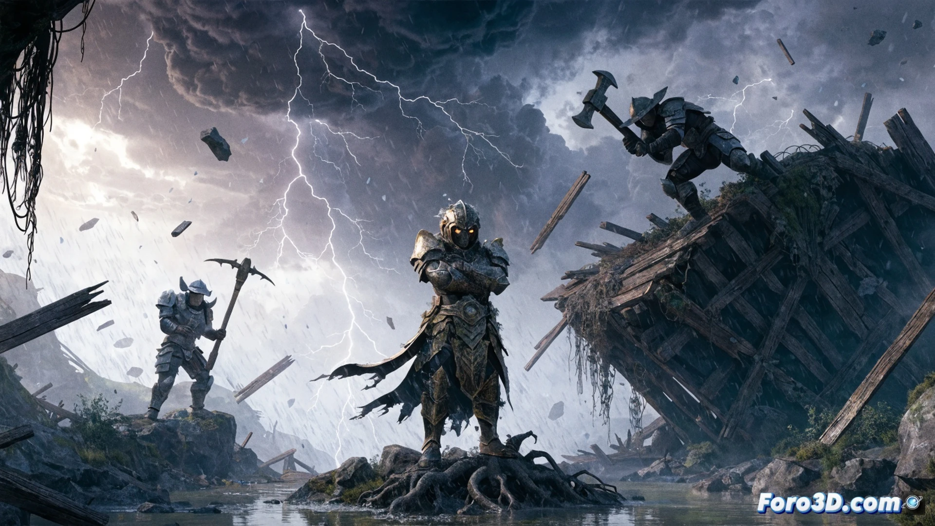 Survivors carrying rifles and crude tools fleeing through a flooded forest as a massive supernatural storm descends, glowing purple lightning striking a crumbling stone watchtower, rain lashing ruined wooden palisades, muddy ground churning under boots, cinematic survival horror visualization, dark storm clouds with internal light bursts, wet metallic weapon surfaces reflecting storm glow, desperate running pose, dramatic low-angle perspective, ultra-detailed foliage and debris, photorealistic render with high contrast lighting