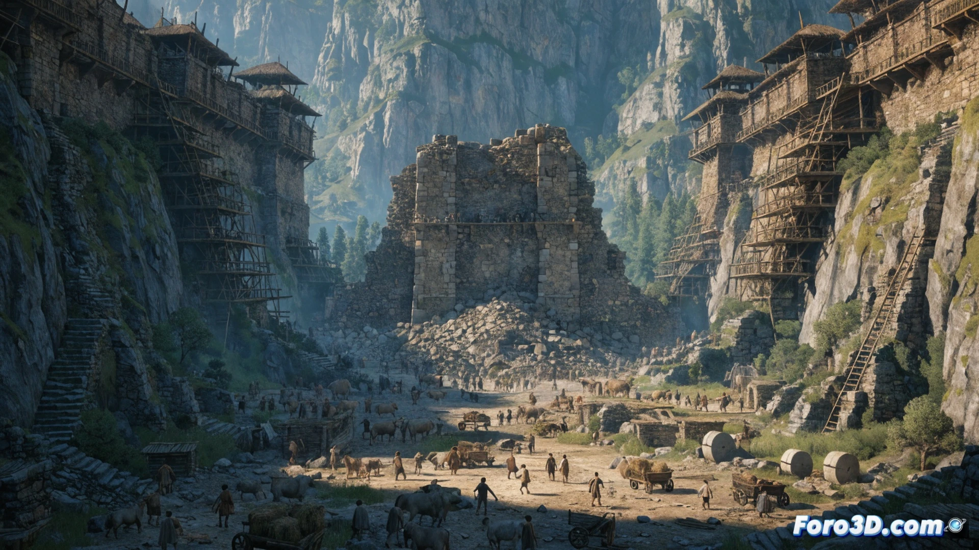 medieval stone wall crumbling into individual blocks under siege, hundreds of tiny peasant figures with dynamic shadows marching across a war-torn field, ground showing erosion paths from troop movement, Essence Engine 5.0 wireframe overlay visible on wall sections, glowing orange stress lines spreading through masonry, technical engineering visualization, photorealistic render, cinematic dramatic lighting, dust particles suspended in air, ultra-detailed stone textures, CPU heat map glowing faintly in background, slow-motion destruction sequence