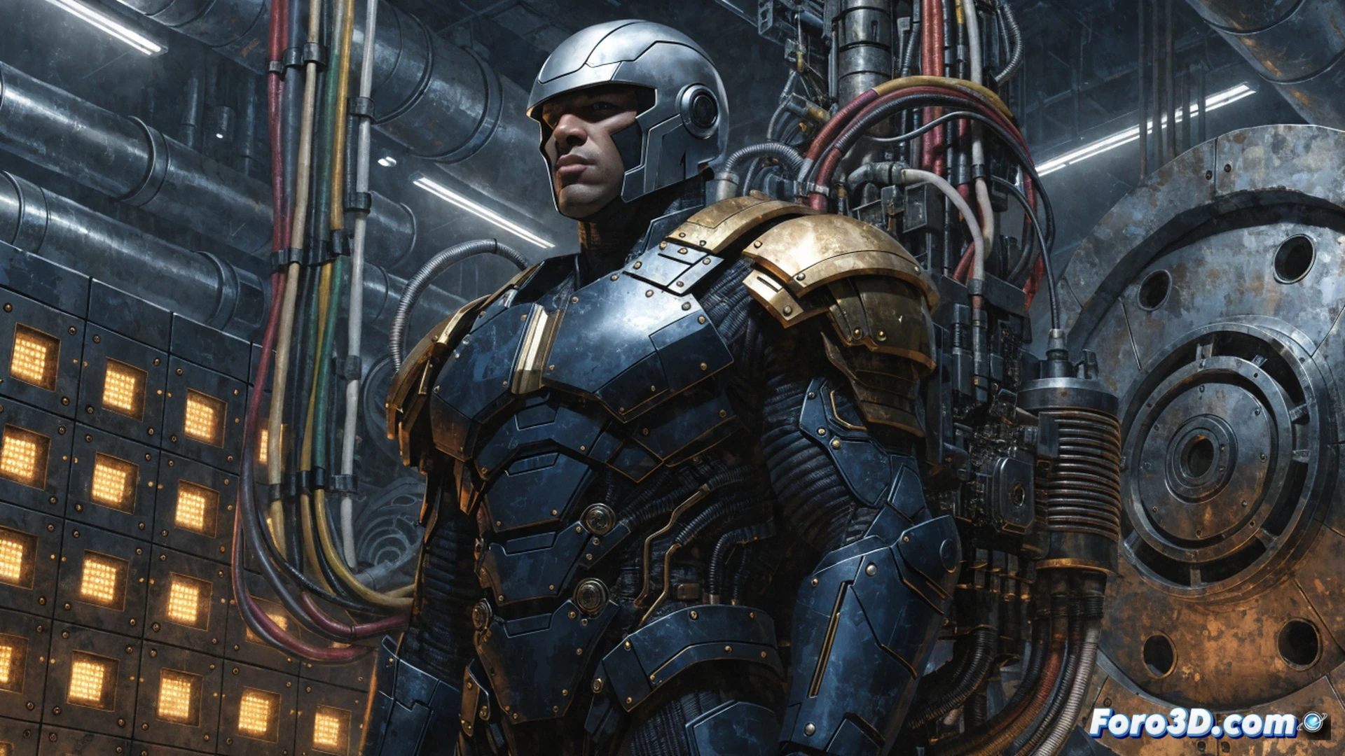 Agent Liberty in mid-battle pose, high-tech armored suit with glowing blue joints and cracked visor, punching a corrupted robotic enforcer while sparks fly from damaged circuits, abandoned industrial hangar with flickering fluorescent lights, scattered tools and broken machinery on the floor, dust particles illuminated by harsh overhead lamps, cinematic action scene, dramatic shadows across metallic surfaces, photorealistic comic-style render, textured armor with visible scratches and wear, intense motion blur on the fist impact, glowing energy trails from the suit´s propulsion system, dark blue and silver color palette, high-contrast lighting emphasizing the hero´s isolation and fading relevance