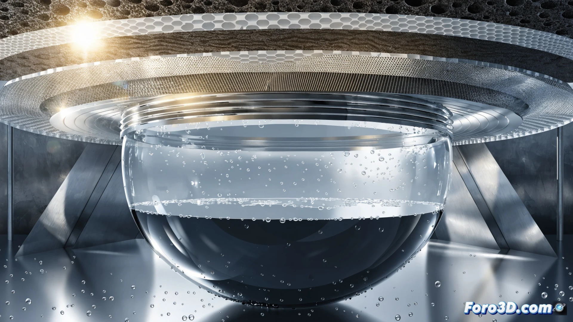 solar-powered seawater desalination device on a coastal beach at noon, sunlight hitting a black light-absorbing material floating on water, steam rising from the evaporator surface, salt crystals forming at the edges while fresh water drips into a transparent collection container, photorealistic engineering visualization, bright sunlight casting sharp shadows, blue ocean background, metallic and glass components with precise technical details, clean water droplets glistening, realistic material textures, cinematic industrial lighting