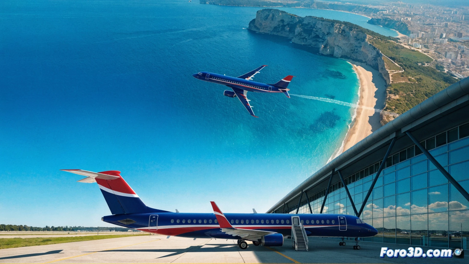Small regional aircraft with Air Nostrum livery landing on sunlit runway at Girona airport, wing flaps deployed, landing gear touching tarmac, Mediterranean coast visible in background, cockpit windshield reflecting summer sky, technical aviation illustration, photorealistic engineering visualization, bright midday lighting, sharp focus on aircraft fuselage and wing mechanics, heat haze rising from asphalt, detailed engine turbine blades, horizontal stabilizer with aerodynamic shadows, cinematic aerial perspective, ultra-detailed metallic surfaces