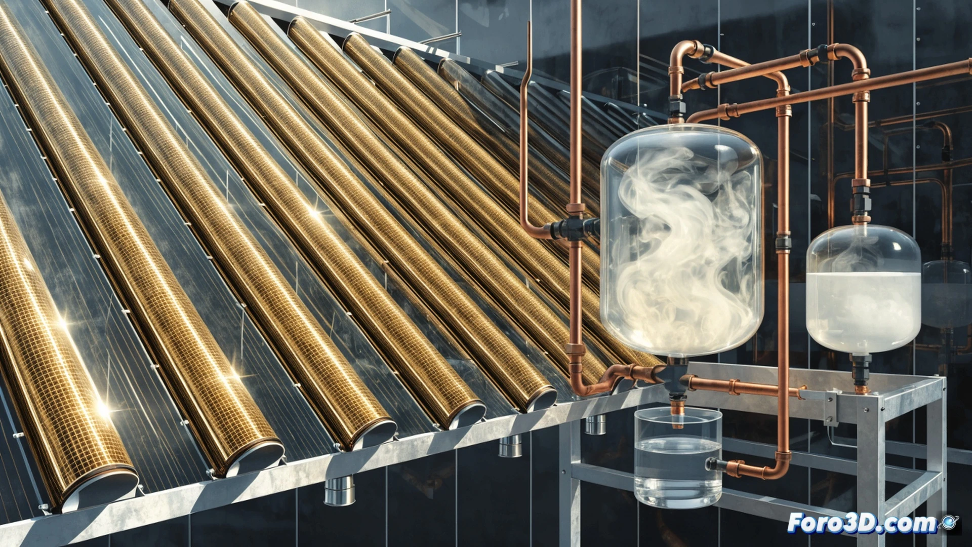 Solar absorption chiller system cross-section, ammonia molecules cycling through evaporator and condenser tubes, sunlight hitting parabolic trough collector heating generator section, blue cooling effect radiating from evaporator coils, no electrical wires connected, technical engineering visualization, copper pipes and stainless steel components, heat exchanger plates with condensation droplets, chemical flow arrows moving through absorption cycle, photorealistic industrial render, dramatic sunlight casting sharp shadows, ultra-detailed mechanical assembly, clean white background with subtle blue glow