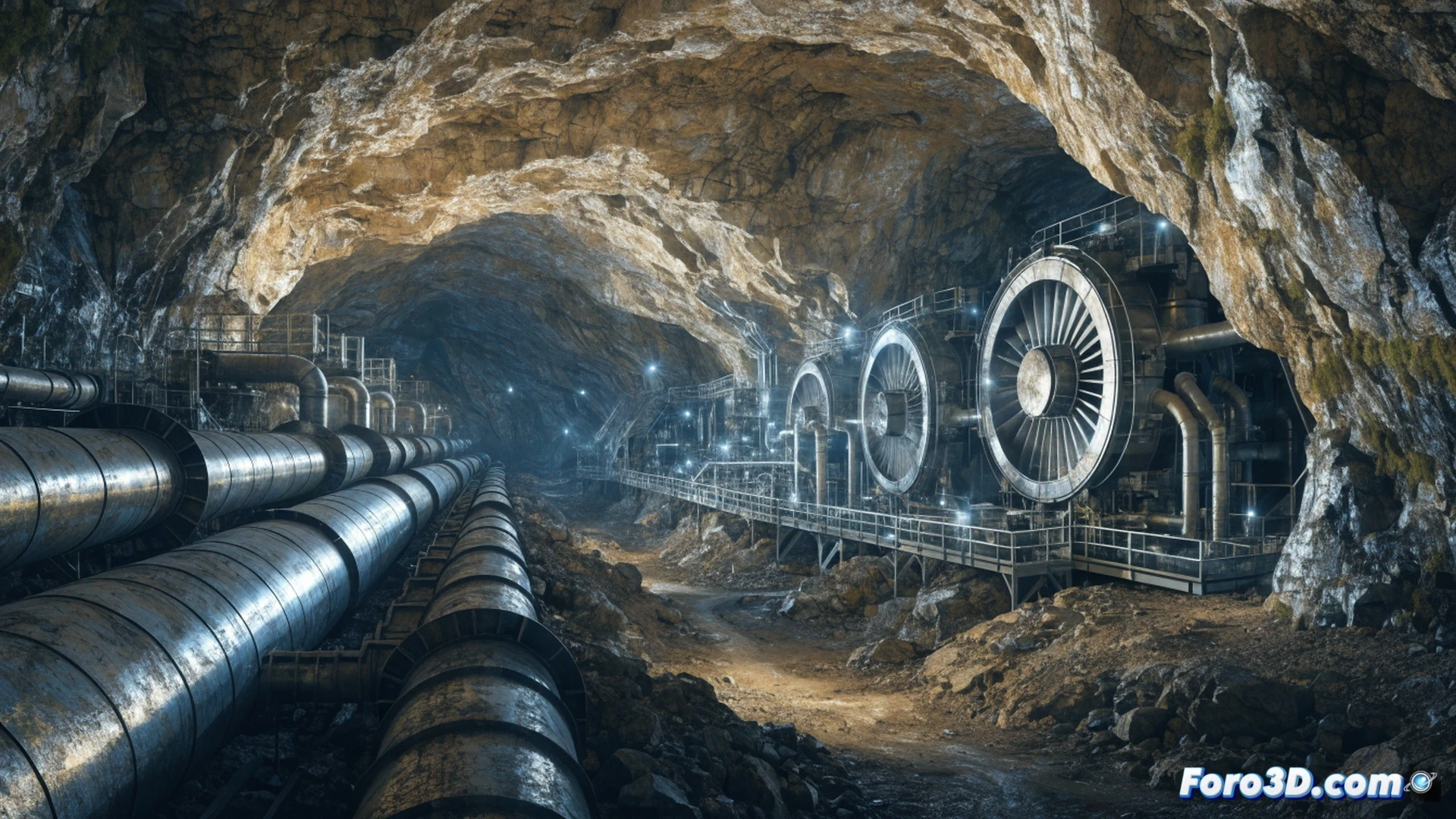 Subterranean cavern illuminated by industrial floodlights, massive piston compressors injecting high-pressure air into a sealed rock chamber, visible pressure gauges showing 200 bar, steel pipes connecting to a turbine hall in the background, air rushing through valves during release, turbine blades spinning rapidly, electrical generators converting mechanical energy, rock walls textured with geological layers, condensation mist forming around discharge vents, technical engineering visualization, photorealistic render, dramatic chiaroscuro lighting, ultra-detailed mechanical components, cutaway view showing underground cross-section, action moment of air injection and release simultaneously