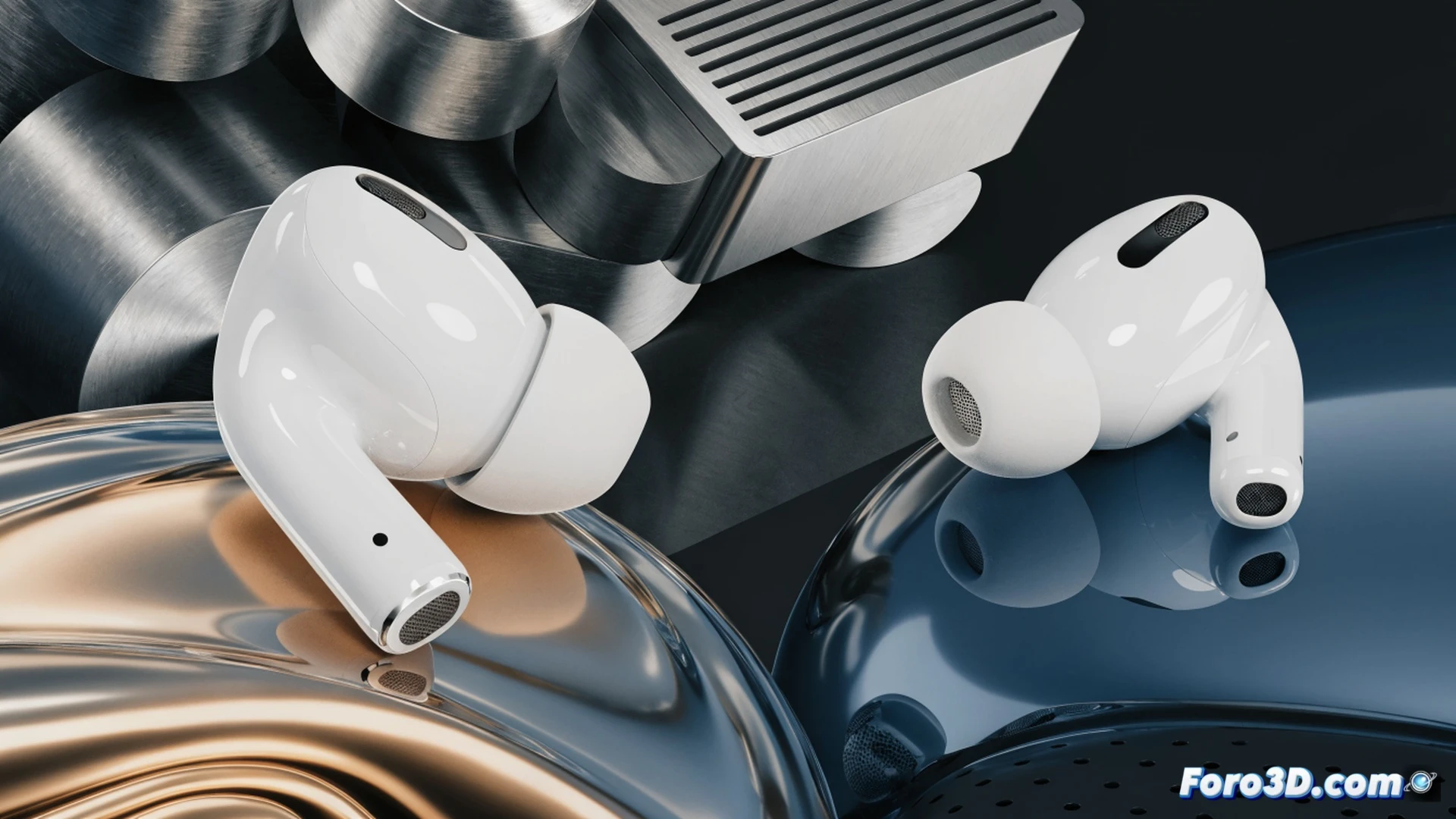 photorealistic cinematic scene of two AirPods Pro 3 floating above an AliExpress cardboard shipping box, one earbud mid-air being lifted by a robotic arm with precision grippers, water droplets bouncing off the earbud surface demonstrating water resistance, internal cross-section of the earbud revealing advanced noise-cancelling chip and touch sensor layers, holographic price tag glowing with the number 189 next to a faded official Apple price tag of 250, shipping label with global tracking barcode on the box, dramatic studio lighting with cool blue and warm amber tones, ultra-detailed metallic mesh and silicone tips, shallow depth of field focusing on the earbud being handled, technical illustration style with faint circuit board patterns in the background, high contrast and sharp details