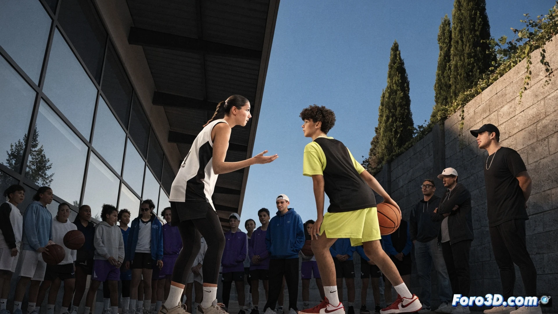 young basketball player Alba Caballero demonstrating a crossover dribble move on outdoor court, children watching with excited expressions, basketball spinning mid-air during pass, sneakers gripping asphalt with motion blur, sweat droplets catching sunlight, campus building with Ciudad Real skyline faint in background, photorealistic sports photography style, golden hour warm lighting casting long shadows, dynamic action pose with visible muscle tension in arms, basketball hoop net frozen mid-sway, inspirational youth sports scene, cinematic depth of field focusing on player while blurred kids in background cheer