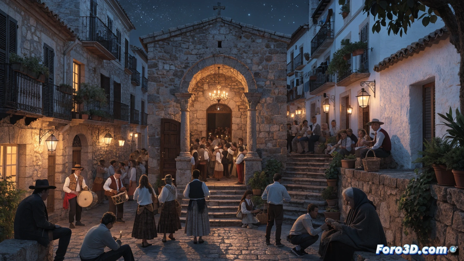 evening festival scene in Alcúdia, hundreds of people gathered outside a historic stone ermita, families and children holding small candles during a religious procession, musicians playing traditional instruments near the church entrance, elderly and young generations sharing smiles and conversations, warm golden hour light illuminating the crowd and stone walls, festive banners and local flags hanging from balconies, cinematic wide-angle shot, photorealistic night atmosphere, soft lantern glow, deep shadows, high detail in traditional Mallorcan clothing and architectural stonework, emotional community celebration