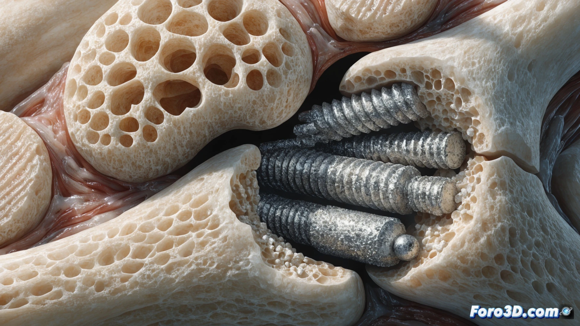 orthopedic surgery scene, a fractured human femur bone being repaired, surgeon inserting a magnesium alloy fixation screw into the bone, the screw visibly dissolving into harmless particles during the healing process, surrounding tissue showing no inflammation, medical instruments on a sterile tray, technical illustration style, photorealistic medical visualization, soft clinical lighting, anatomical precision, cross-section view of bone and dissolving implant, ultra-detailed metallic texture, cinematic medical render, no text or labels