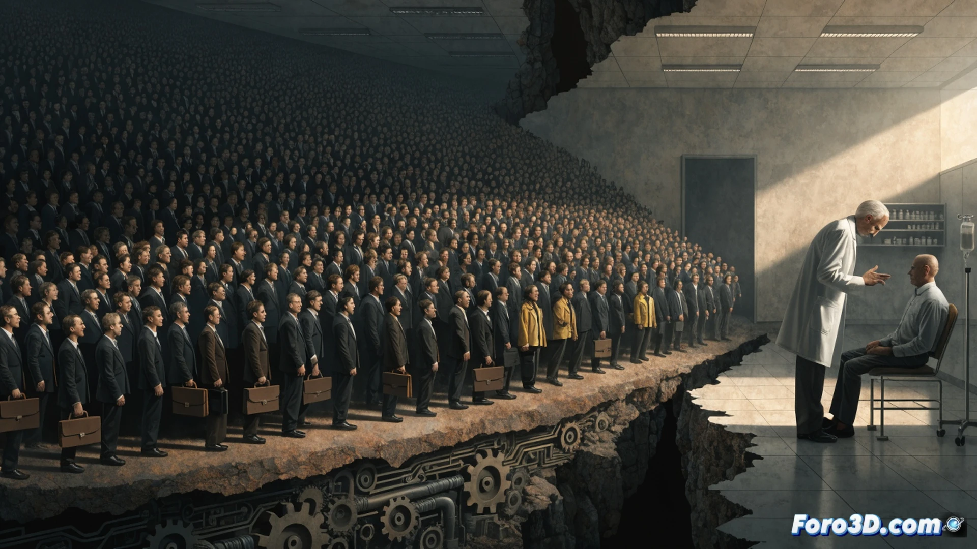 photorealistic wide shot of a crowded German medical clinic waiting room, stressed patients in casual clothes holding smartphones and coughing, a digital productivity dashboard on a wall screen showing declining efficiency metrics, a doctor in white coat at a desk with a stethoscope and prescription pad, visibly overwhelmed, a clock showing early morning, harsh fluorescent lighting, sterile white interior, contrast between sick employees and cold administrative pressure, cinematic documentary style, ultra-detailed textures on medical equipment and tired faces