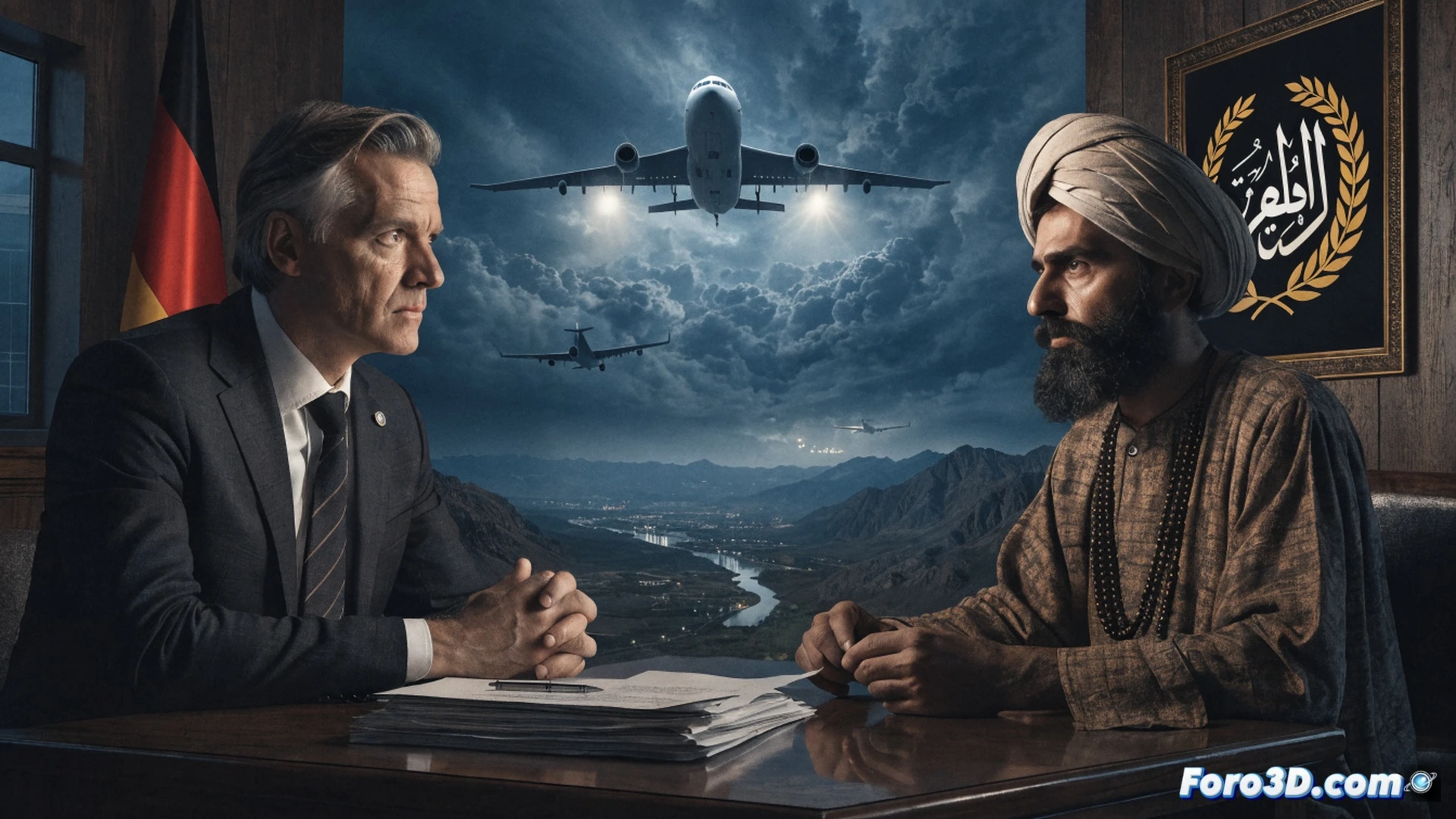 German government official handing deportation documents to a Taliban representative inside a consulate office, both seated across a polished wooden table, a laptop showing flight manifest data, a paper folder marked Abschiebung visible, passport and visa stamps on the desk, tall windows showing Bonn government buildings, security cameras on the ceiling, cold fluorescent lighting, photorealistic technical illustration, tense diplomatic atmosphere, sharp shadows, detailed bureaucratic objects, realistic skin textures, neutral gray suit versus traditional Afghan attire, cinematic composition