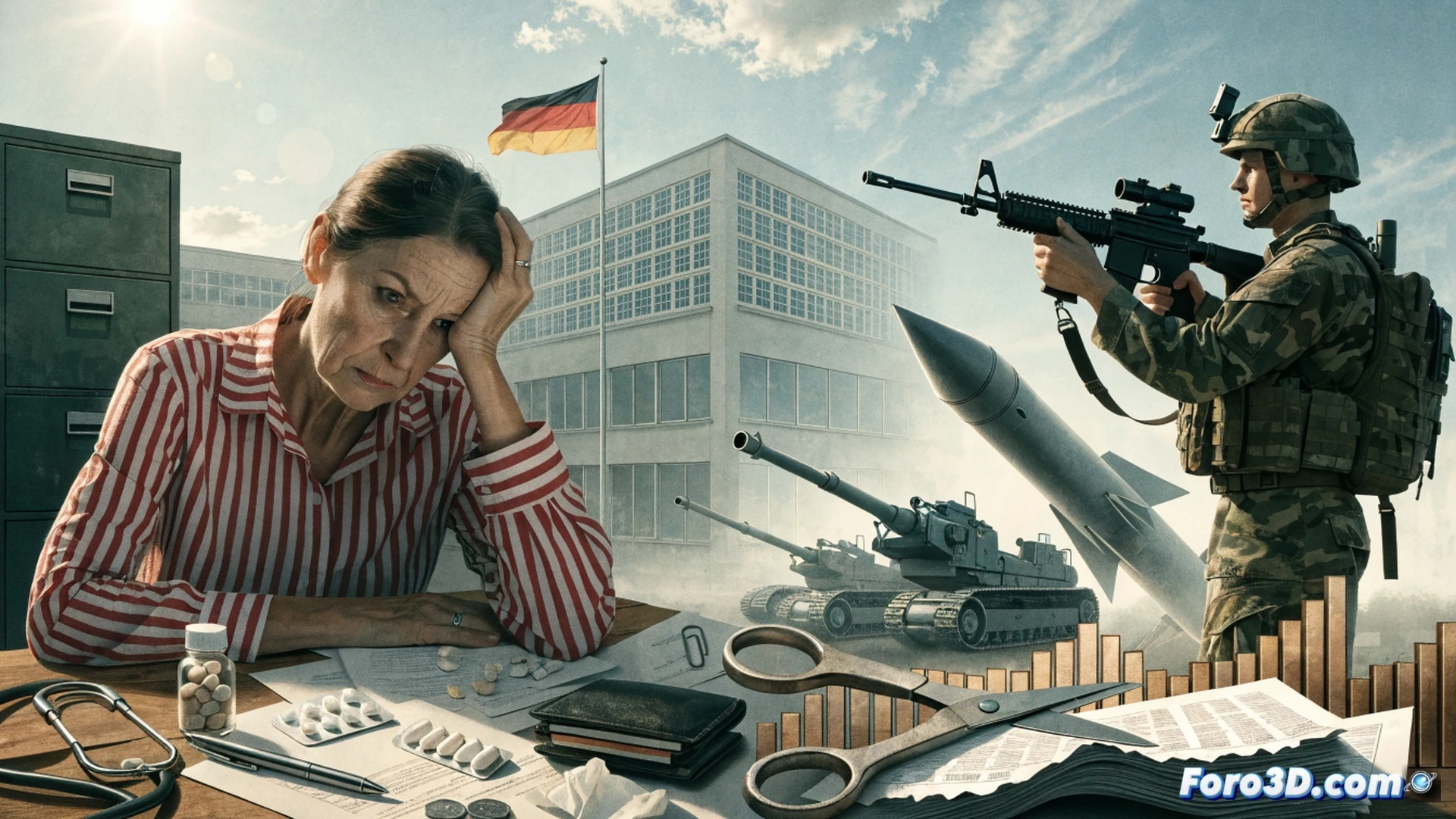 photorealistic technical illustration of a German government budget document being torn apart, a large military tank crushing hospital and pension icons beneath its treads, gears and euro coins flying from the torn paper, a calculator displaying negative balance next to a law book, dramatic industrial lighting, dark metallic background, cinematic engineering visualization, detailed mechanical destruction, sharp shadows, ultra-realistic textures