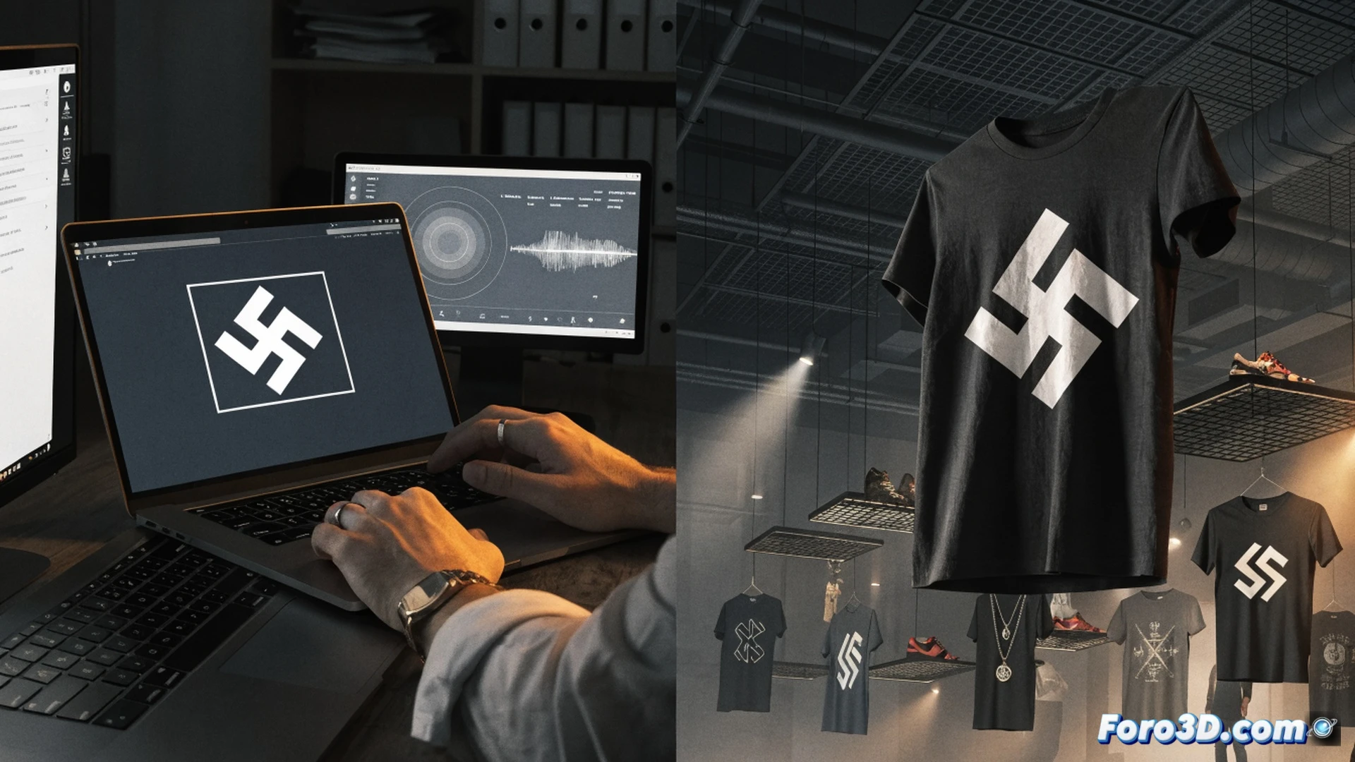 photorealistic technical illustration, a gavel striking a laptop keyboard in a German patent office, glowing legal documents floating above the keyboard showing registered trademark symbols, neonazi merchandise being digitally erased from an online store interface, a robotic arm stamping a swastika with a red cancellation mark, dramatic courtroom lighting, metallic scales of justice in background, ultra-detailed legal paperwork with holographic seals, cinematic wide angle shot, high contrast shadows, blue and red procedural lighting, realistic textures of leather-bound law books