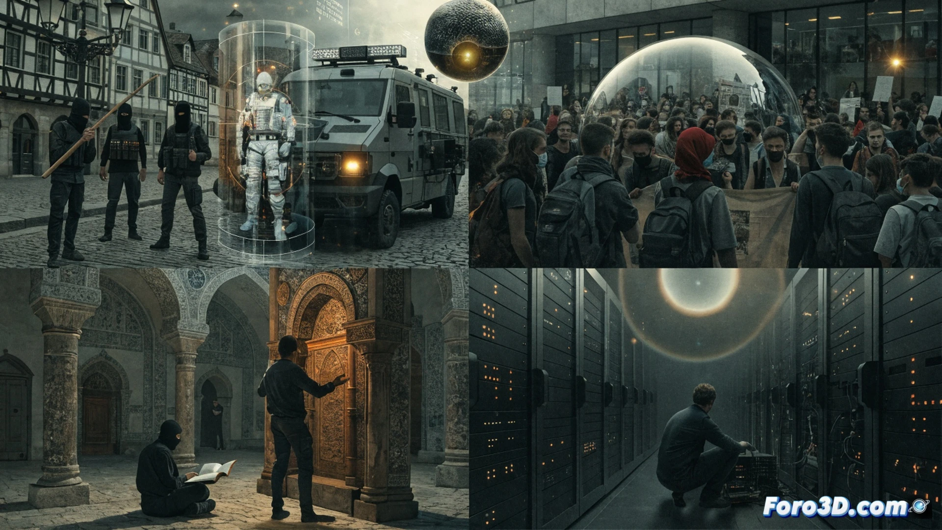 high-angle aerial view of a German city street at night, a police officer examining a hacked digital billboard displaying encrypted code while a hooded figure runs away, shattered glass on pavement, surveillance cameras on lampposts blinking red, forensic team in hazmat suits collecting evidence near a damaged government building, cinematic photorealistic style, gritty urban atmosphere, neon reflections on wet asphalt, motion blur on fleeing suspect, dramatic chiaroscuro lighting, ultra-detailed textures on police vehicles and tactical gear, technical illustration of security breach in progress