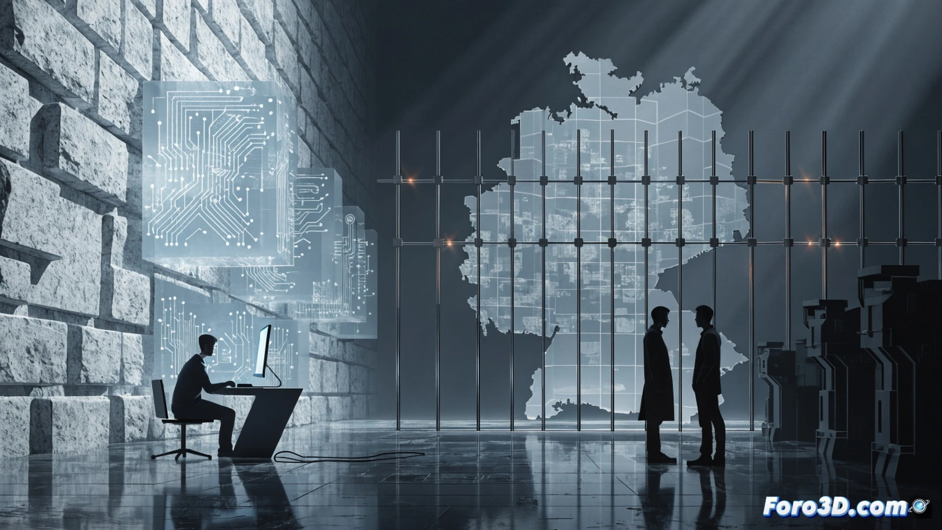 photorealistic technical illustration showing a tall glass wall with a large crack forming, a hand reaching toward a locked document cabinet with a red access denied sign, shadowy figures behind frosted glass labeled with german federal eagle, stacks of paper files dissolving into fog, dark bureaucratic office atmosphere, cold fluorescent lighting, steel filing cabinets with electronic locks, dust particles floating in dim light, cinematic corporate thriller style, ultra-detailed textures on metal and glass, dramatic shadows emphasizing restricted access
