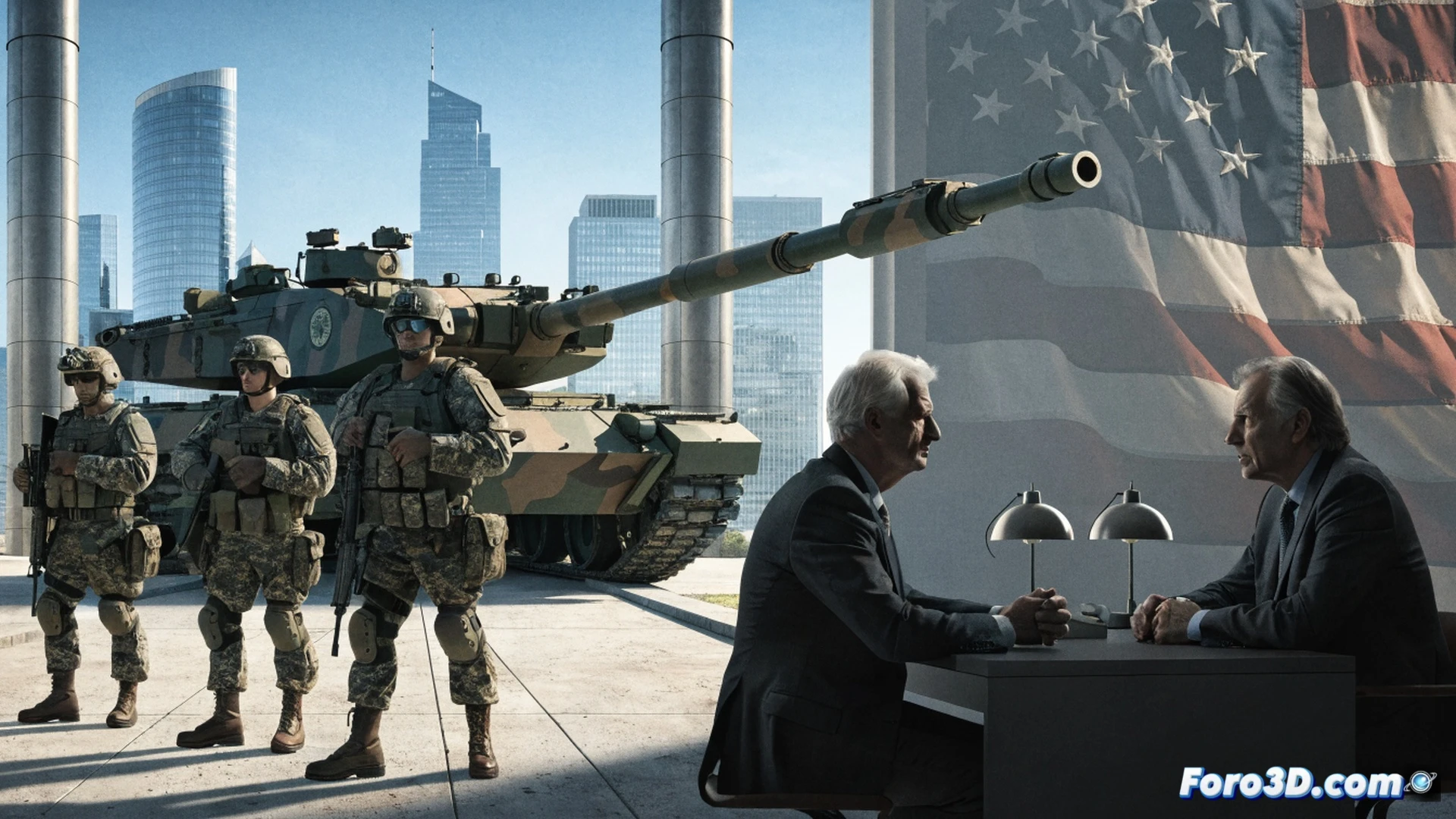 German defense budget document being signed by Chancellor Friedrich Merz at a modern desk, a large NATO map on the wall showing European security zones, a broken American shield icon on the floor nearby, a military helicopter model and a calculator displaying 3.5 percent, financial graphs declining in the background indicating budget cuts, photorealistic political illustration, dramatic overhead lighting, dark wood office interior, sharp shadows, highly detailed textures, cinematic composition, realistic paper textures and metallic reflections, serious executive atmosphere, precise technical rendering