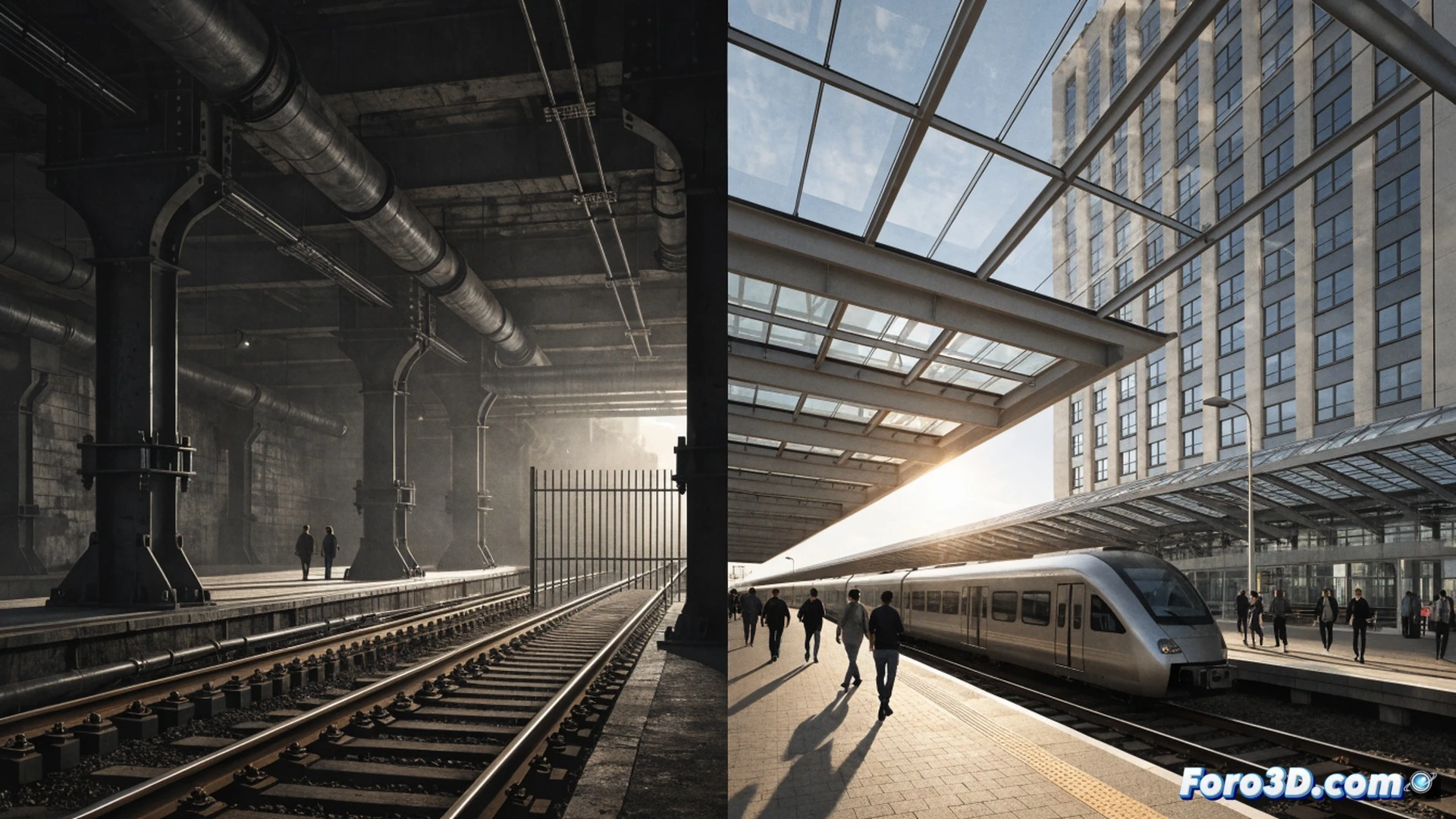 photorealistic engineering visualization of a dual-rail railway split, left track with a modern military cargo train on newly laid concrete sleepers and bright steel rails, right track showing an older passenger train on cracked ballast and rusted rails, maintenance workers in orange vests inspecting a broken signal post while a digital budget screen displays 530M euro allocation to military line, contrast between new construction equipment on left and neglected track repair tools on right, dramatic overcast industrial lighting, high detail on rail joints and gravel texture, cinematic wide-angle shot demonstrating infrastructure disparity