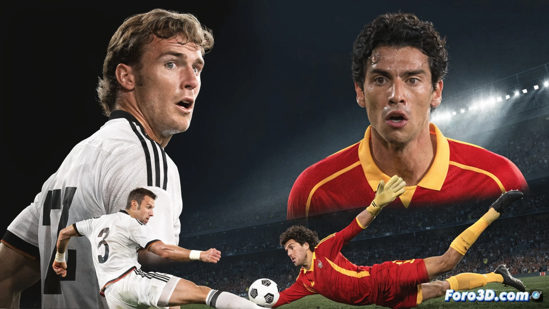 Two football players colliding mid-air during a high-stakes match, one in white jersey with black shorts diving for a header, the other in red and white striped jersey sliding in with aggressive tackle, stadium floodlights casting dramatic shadows on wet grass, motion blur on fast-moving legs, sweat droplets freezing in action, cinematic sports photography style, ultra-detailed facial expressions showing intense concentration, photorealistic athletic bodies with visible muscle tension, dynamic angle from ground level, dramatic sky with dark clouds above packed stands