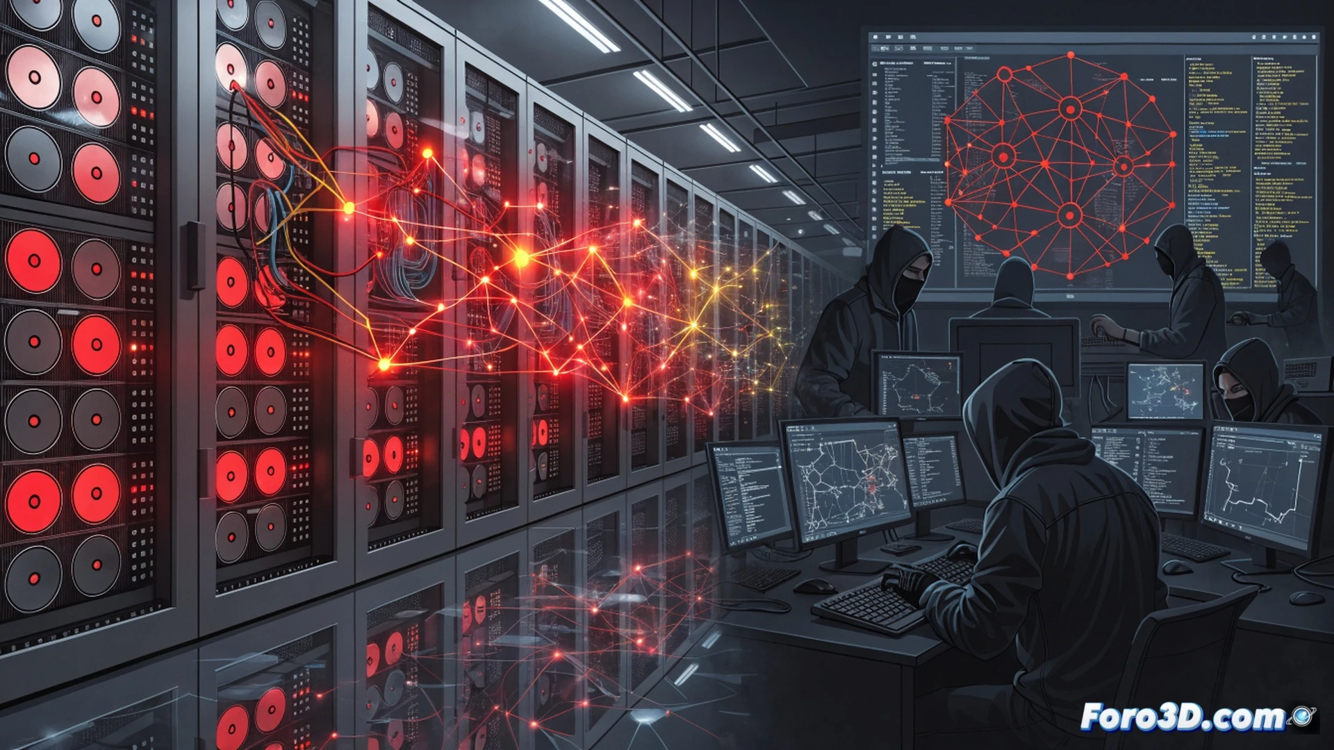 database server rack with glowing red alert indicators, malicious code injection visualized as bright neon streams penetrating Oracle E-Business Suite interface panels, firewall logs showing unauthorized access attempts, padlock icons cracking open, sensitive customer data fragments floating outward, cinematic cybersecurity visualization, dark server room atmosphere with emergency red lighting, holographic warning symbols, digital forensic tools scanning network traffic, photorealistic technical illustration, dramatic high-contrast illumination