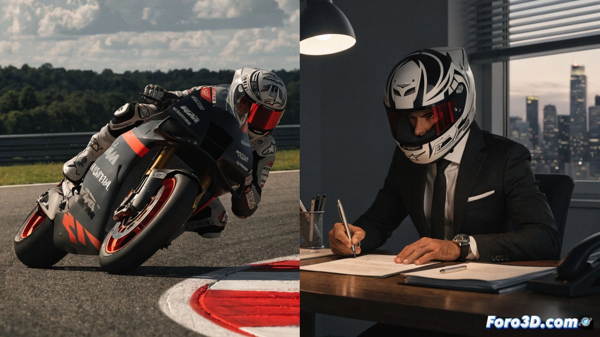 KTM MotoGP pit box scene at sunset, Álex Márquez in full racing leathers leaning against a carbon-fiber RC16 prototype, rear wheel removed exposing lightweight swingarm and Brembo brake caliper, mechanical team members adjusting aerodynamic winglets on front fairing, laptop on workbench displaying telemetry data with suspension load graphs, dramatic industrial lighting reflecting off polished titanium exhaust, photorealistic technical illustration, cinematic depth of field, tire warmers glowing orange, carbon brake discs with visible cooling holes, high-contrast metallic textures