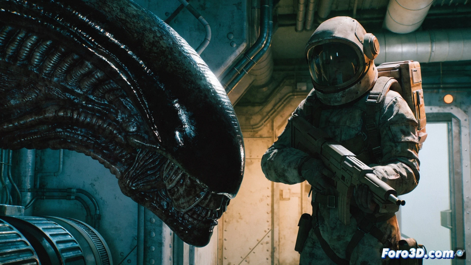 Alien xenomorph stalking through dimly lit Nostromo corridor, VR headset user wearing haptic gloves reaching for pulse rifle mounted on grimy wall panel, Unreal Engine 5 lumen lighting casting dynamic shadows across dripping vents and exposed cables, motion tracker flickering in player hand, steam hissing from damaged pipes, photorealistic engineering visualization, retro-futuristic control panels with CRT monitors, metallic floor grating reflecting emergency red lights, cinematic composition with deep depth of field, claustrophobic industrial atmosphere, ultra-detailed textures showing rust and oil stains