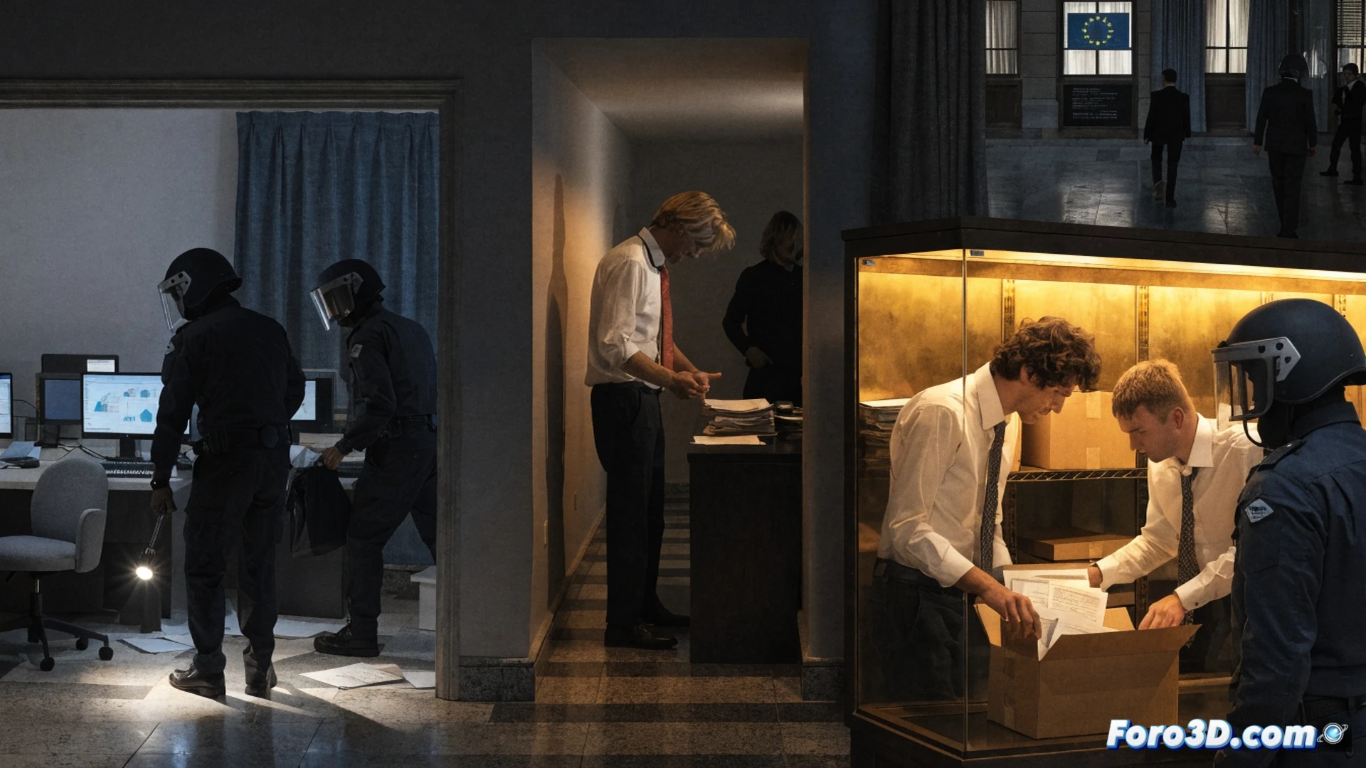 European Parliament building interior, police officers in blue uniforms conducting a forensic search, desks with scattered documents and laptops, a person in handcuffs being led away by investigators, evidence markers on the floor near a computer server rack, surveillance cameras visible on ceiling, dramatic overhead lighting casting shadows, photorealistic crime scene visualization, dark blue and gray color palette, high contrast cinematic lighting, technical detail on handcuffs and badge insignia, realistic architectural columns and glass walls