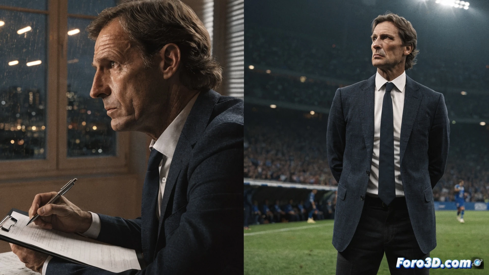 Massimiliano Allegri en un banquillo técnico futurista, firmando un contrato digital sobre una tableta transparente con interfaz de datos, mientras su rostro refleja determinación, al fondo un estadio San Paolo vacío con césped iluminado, una maleta de entrenador abierta mostrando tácticas en pizarra holográfica, reemplazando un retrato de Antonio Conte que se desvanece, estilo cinematográfico fotorrealista, iluminación dramática con destellos azules del Napoli, texturas metálicas y de cuero, alta definición técnica, render arquitectónico deportivo.