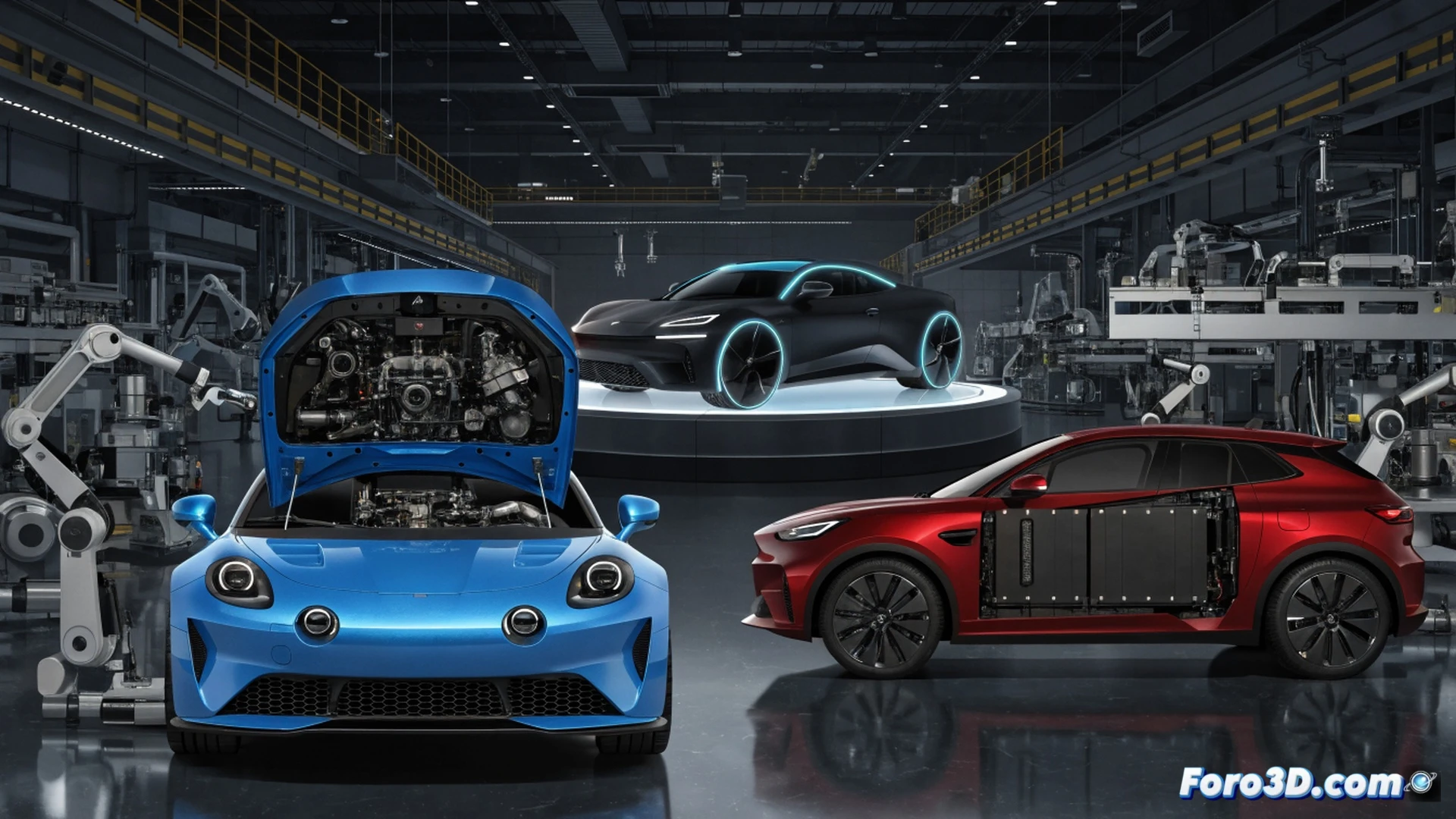Alpine A110 combustion engine assembly line in Dieppe factory, final car chassis being lifted by robotic arms while conveyor belt stops, empty spaces where future electric battery packs will be installed, workers in cleanroom suits observing the transition, glowing blue LED strips on factory floor marking new production zones, dusty engine blocks in background being replaced by modular skateboard platform mockups, cinematic engineering visualization, dramatic industrial lighting with warm sunset beams through factory windows, photorealistic technical render, ultra-detailed mechanical components