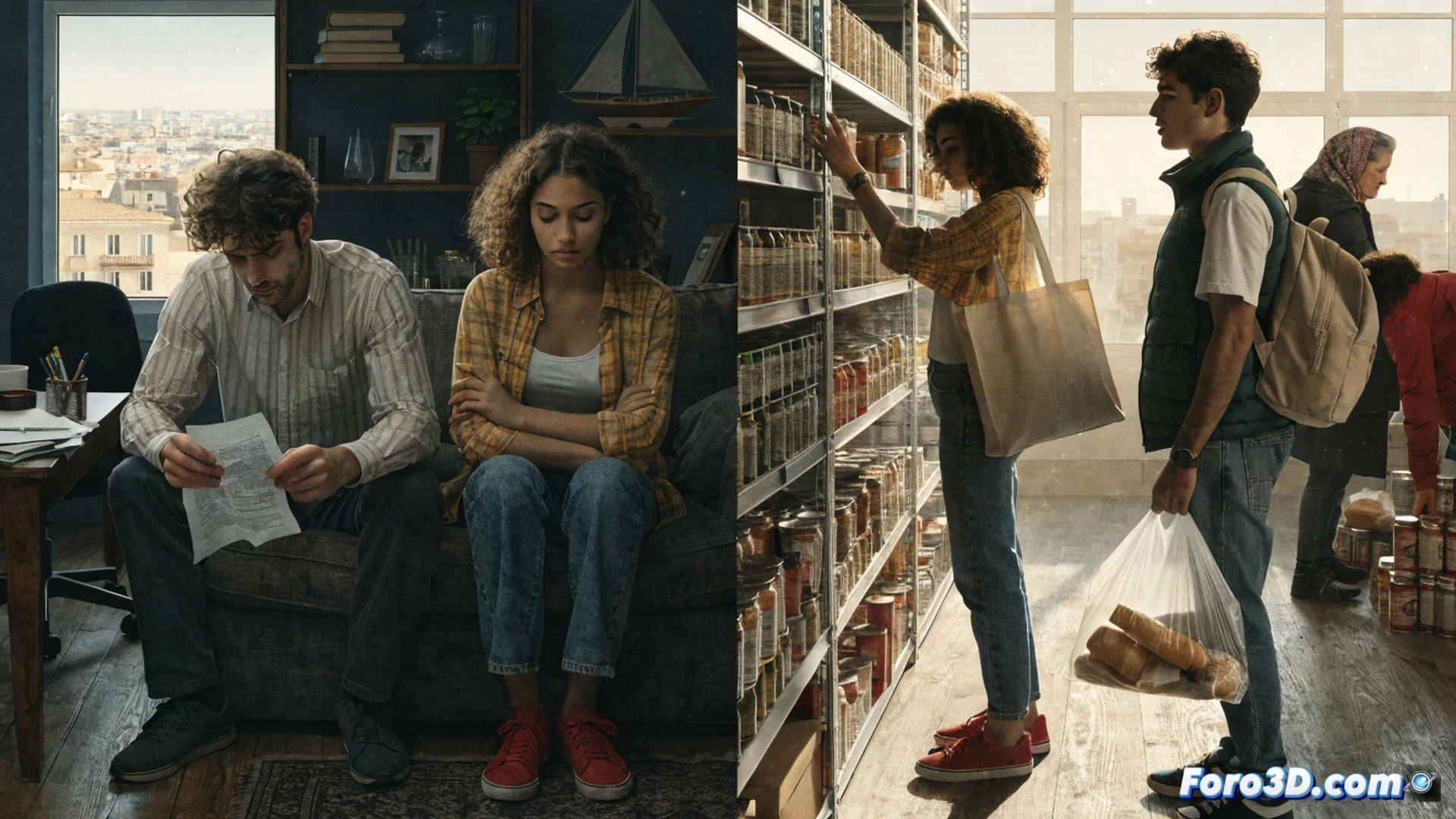 young woman in professional attire standing in a small kitchen, placing empty reusable bags on a table while a delivery app notification glows on her smartphone, next to a laptop showing a rental contract with highlighted figures, a digital energy meter on the wall displaying high consumption, a half-empty refrigerator in the background, cinematic photorealistic style, warm interior lighting contrasting with cool blue screen light, visible tension in her posture, ultra-detailed textures on bags and kitchen surfaces, realistic shadows and reflections, dramatic storytelling composition
