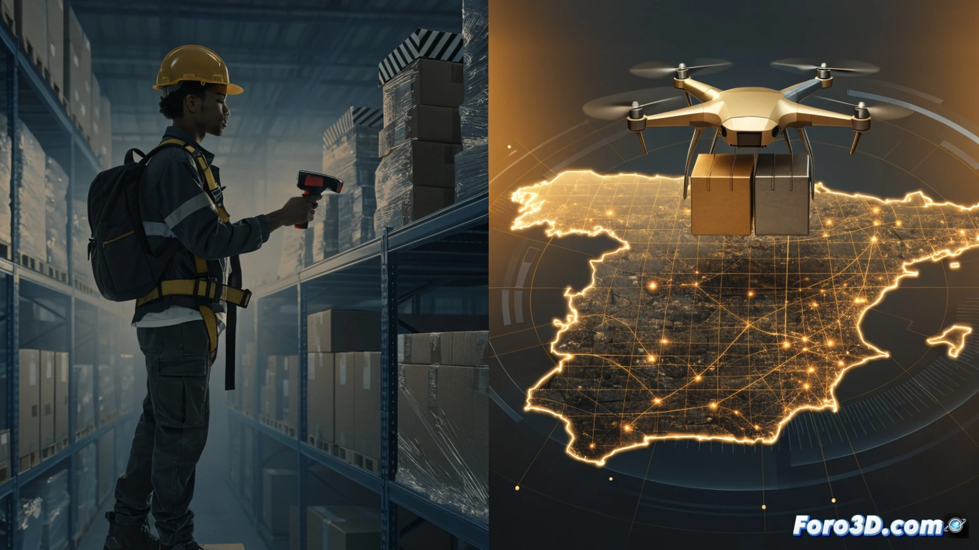 Amazon warehouse logistics center during peak operations, robotic pallet movers transporting stacked cardboard boxes past automated conveyor belts, workers in orange safety vests scanning packages with handheld devices while sorting parcels onto rolling carts, bright LED industrial lighting illuminating rows of metal shelving units, photorealistic engineering visualization, motion blur on moving equipment, glowing digital inventory screens mounted on support pillars, hyper-detailed mechanical arms placing packages into delivery trucks, realistic warehouse atmosphere with dust particles in light beams, cinematic technical render
