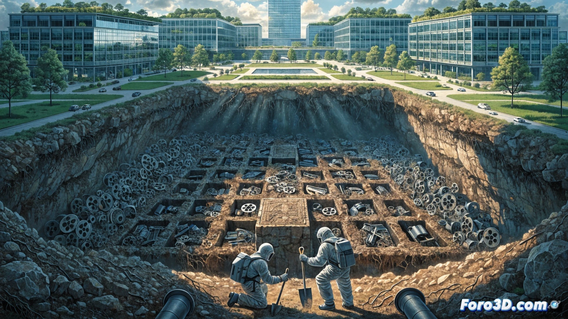 cinematic scene of a giant bulldozer burying a stack of film reels and hard drives in a dark pit, digital movie camera crushed under the treads, clapperboard broken in half, glowing OpenAI logo projected faintly on the dirt wall above, red warning lights flashing on buried server racks, dust particles illuminated by harsh industrial floodlights, photorealistic technical illustration, dramatic shadows, metallic debris scattered around, action of burial in progress, heavy machinery actively pushing earth over the film equipment