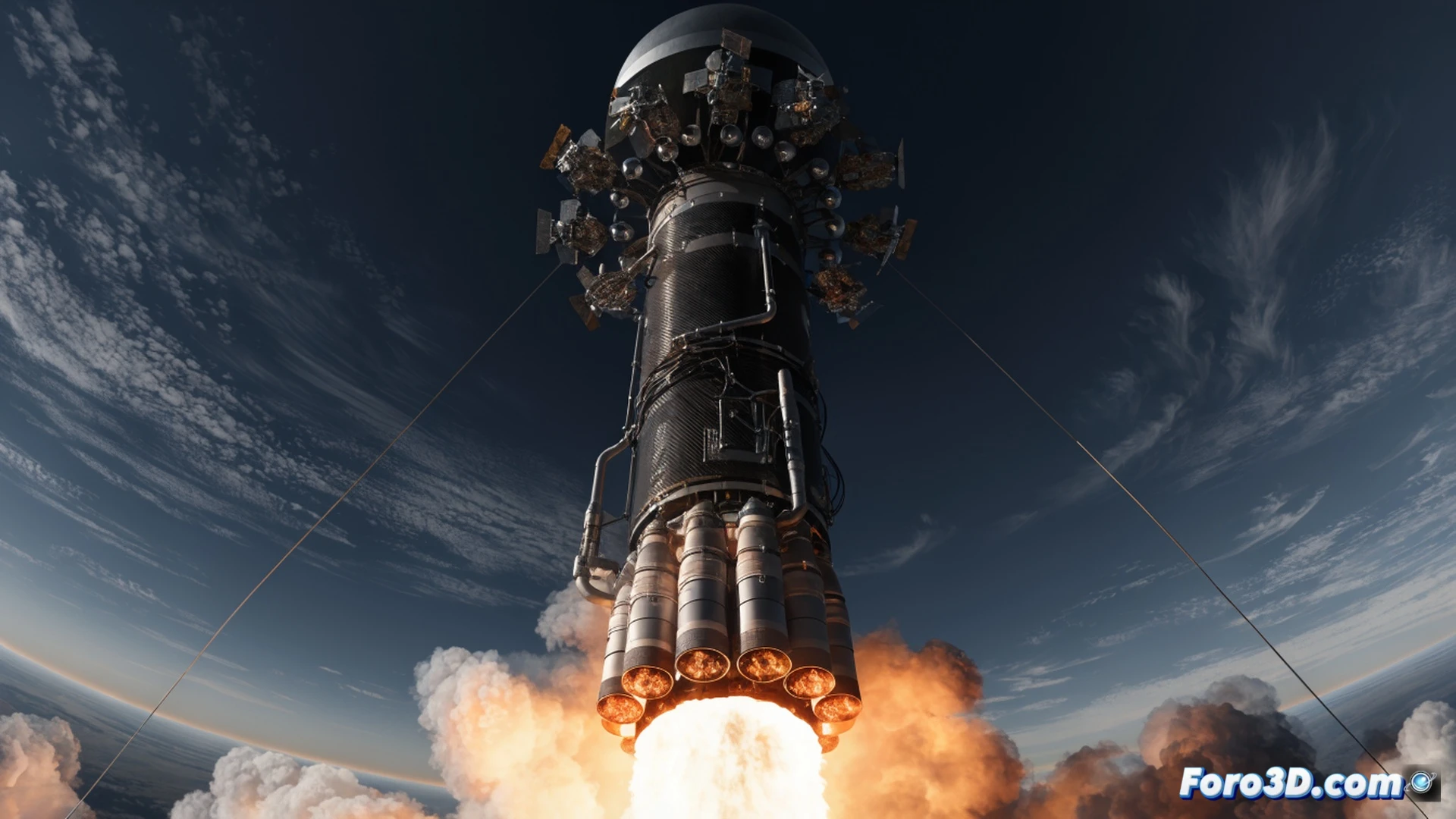 Atlas V cohete despegando de plataforma nocturna, motor ruso RD-180 expulsando llamas anaranjadas y humo denso, 29 satélites apilados dentro del carenado en configuración de despliegue, ilustración técnica de ingeniería, trayectoria de vuelo ascendente con estelas de condensación, detalles mecánicos del motor y estructura del cohete, iluminación dramática de antorchas y reflectores, fondo estrellado con nubes iluminadas, estilo fotorrealista cinematográfico, resolución ultra alta