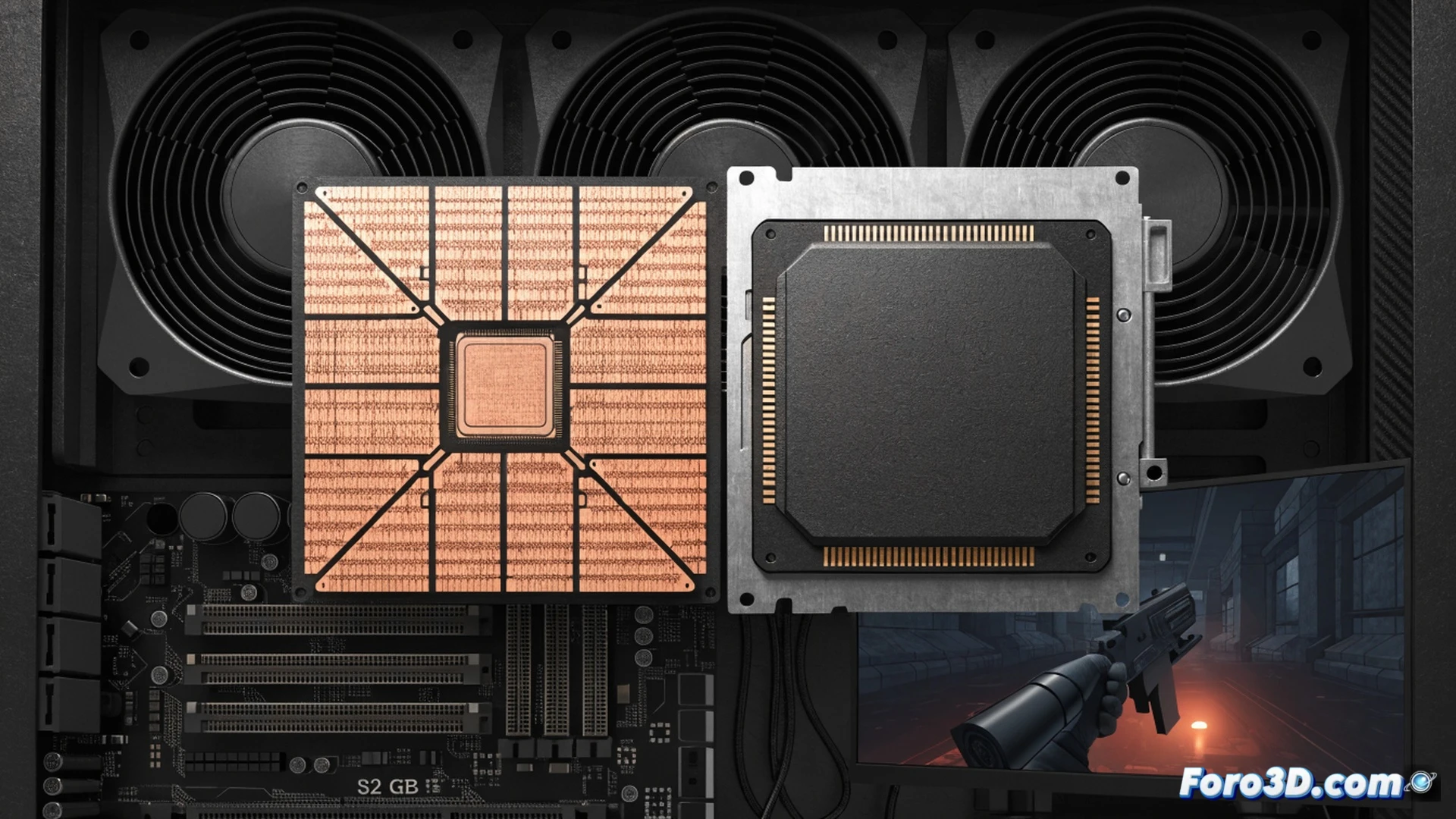 AMD Ryzen 7 8700G processor mounted on motherboard, Radeon 780M integrated graphics chip glowing blue, Valorant gameplay at 250 FPS counter on monitor, Cyberpunk 2077 running at 30 FPS stable 1080p on second screen, dual-channel 32GB RAM sticks inserted next to CPU, no dedicated GPU slot occupied, cinematic photorealistic technical illustration, motherboard traces glowing with data flow, dramatic top-down angle, cool blue and orange lighting, hyper-detailed PCB textures, gaming performance metrics visualized as particle streams from processor to RAM and display