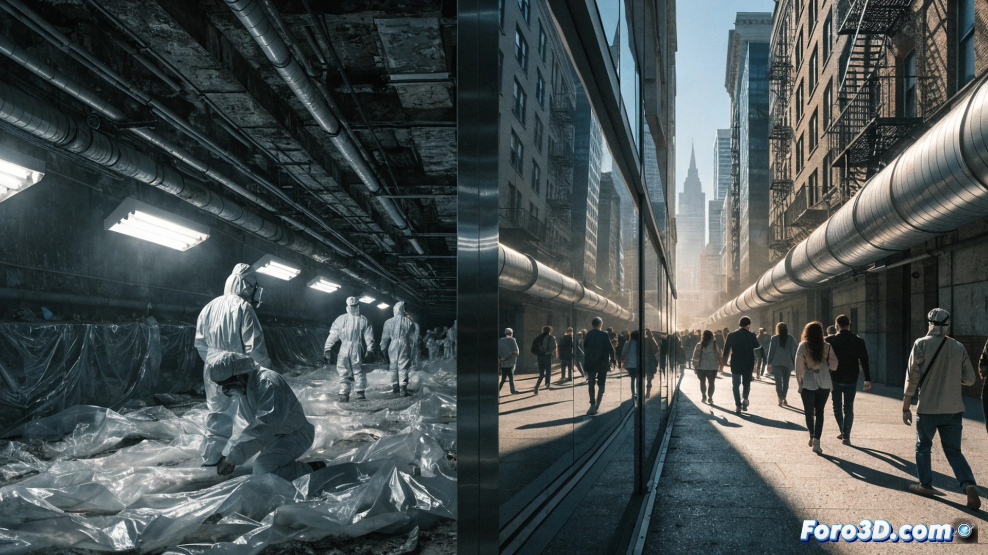Underground metro corridor partially sealed with plastic sheeting and warning tape, construction workers in hazmat suits removing asbestos panels, 43,000 commuters visible through exit funneling up a narrow stairway to open air, frustrated passengers checking phones while queuing, no alternative transport signs posted, cracked concrete floor with abandoned tools, cold fluorescent lighting contrasting with bright daylight at exit, photorealistic technical illustration, dramatic contrast between sterile hazmat area and overcrowded pedestrian path, ultra-detailed architectural elements and safety gear textures
