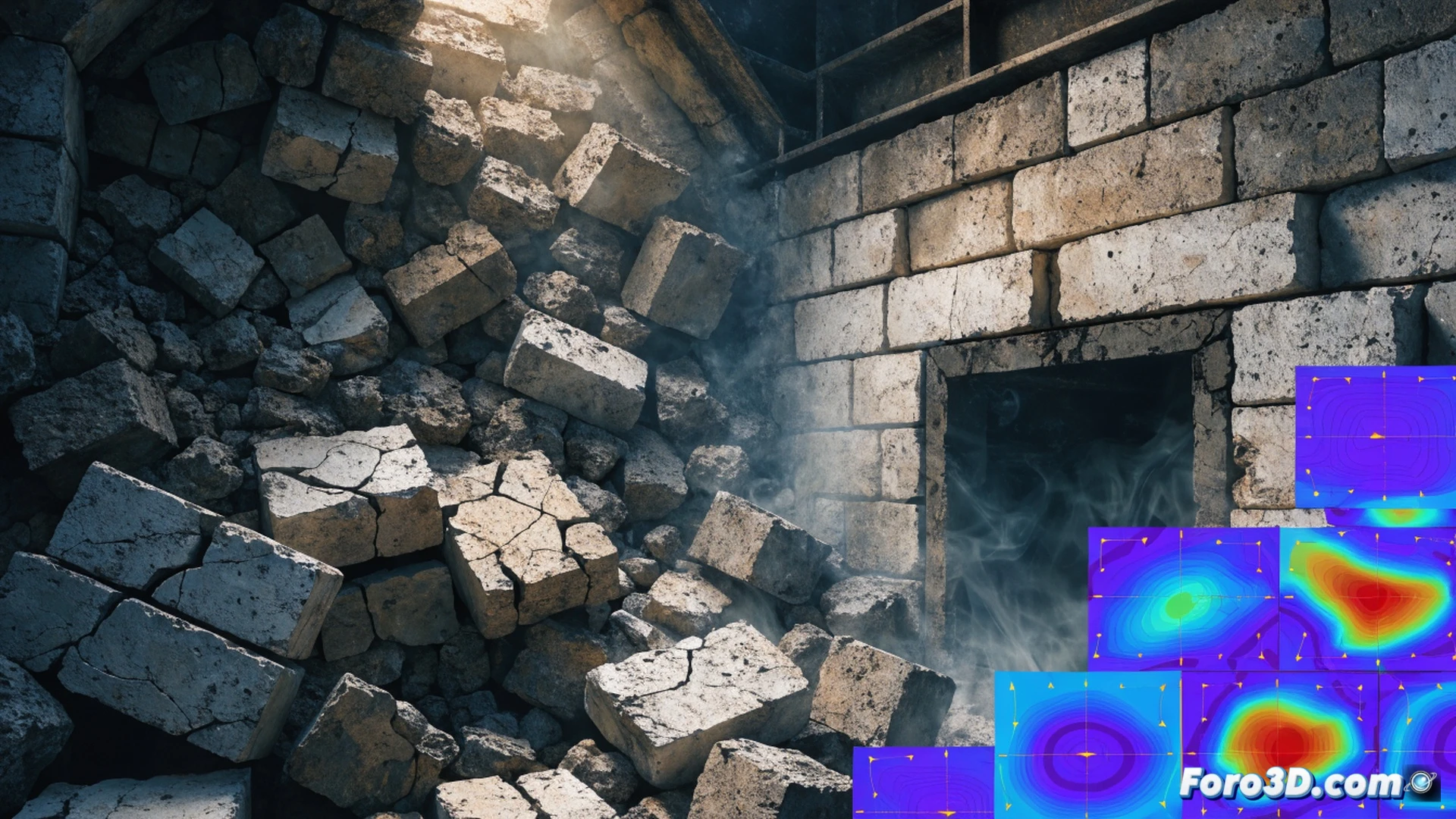 industrial incinerator cross-section showing fragmented refractory bricks falling from wall during emergency shutdown, intense thermal gradient visible as glowing orange interior meets dark cracked ceramic surface, stress distribution simulation overlay with red-to-blue contours on damaged lining, Pix4D 3D scan point cloud floating above scene, Abaqus thermal stress analysis wireframe in background, technicians in protective gear observing damage from safe distance, photorealistic engineering visualization with dramatic side lighting highlighting fracture patterns, ultra-detailed brick textures with spalling and crack propagation, realistic industrial environment with metallic furnace casing and concrete floor