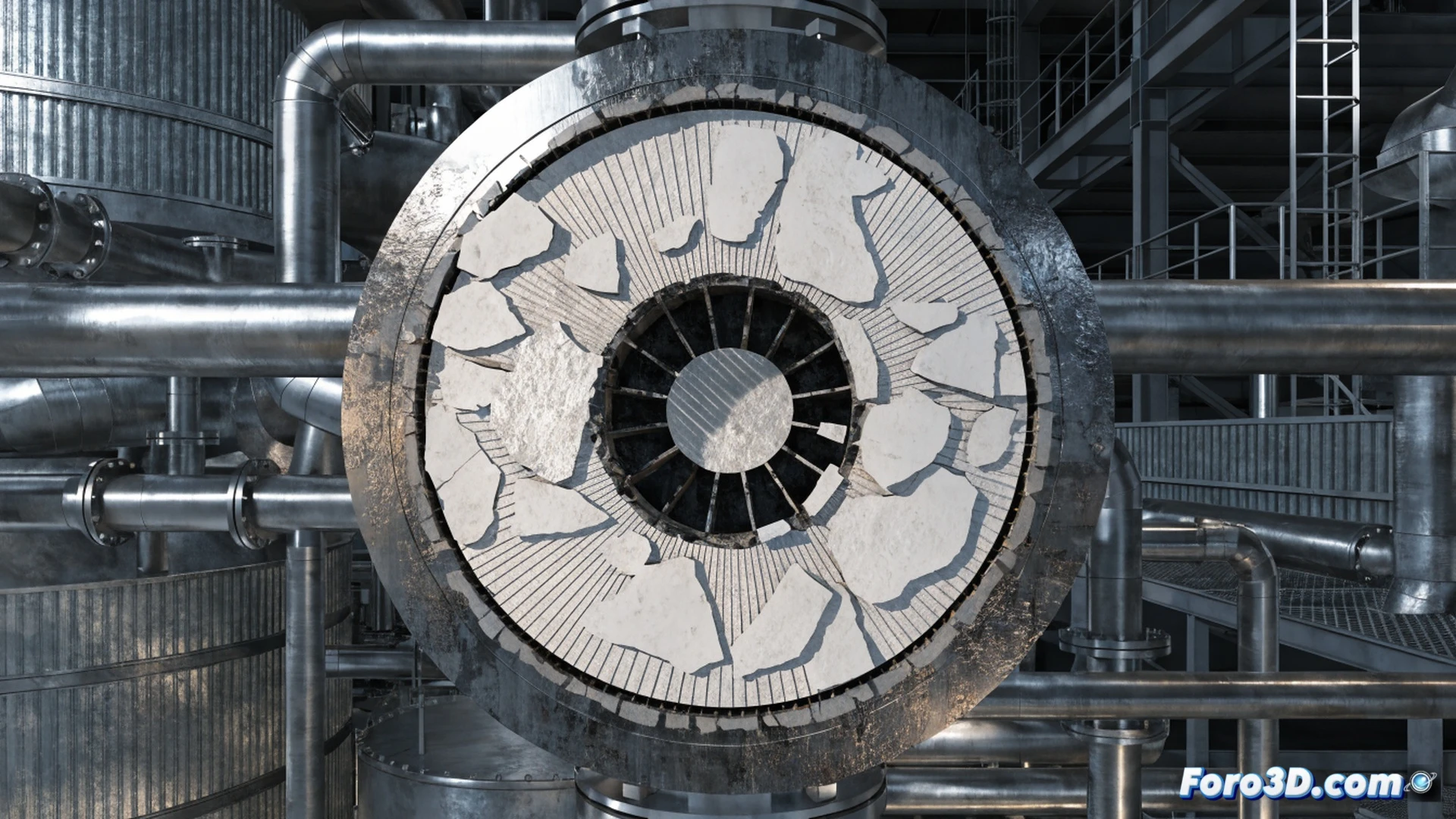 cross-section view of a ceramic-lined valve with a detached ceramic layer fragment falling away, hot sulfuric acid vapor swirling around the exposed metal substrate, thermal stress cracks propagating through the ceramic coating, 3D scanning point cloud data hovering above the valve showing geometry capture process, Ansys Workbench simulation overlay with red-hot thermal gradient contours and stress arrows on the valve body, industrial plant background with pipes and steam, cinematic photorealistic engineering visualization, dramatic orange-blue lighting contrasting heat and cool zones, ultra-detailed ceramic fracture surfaces, technical illustration style with semi-transparent digital analysis layers