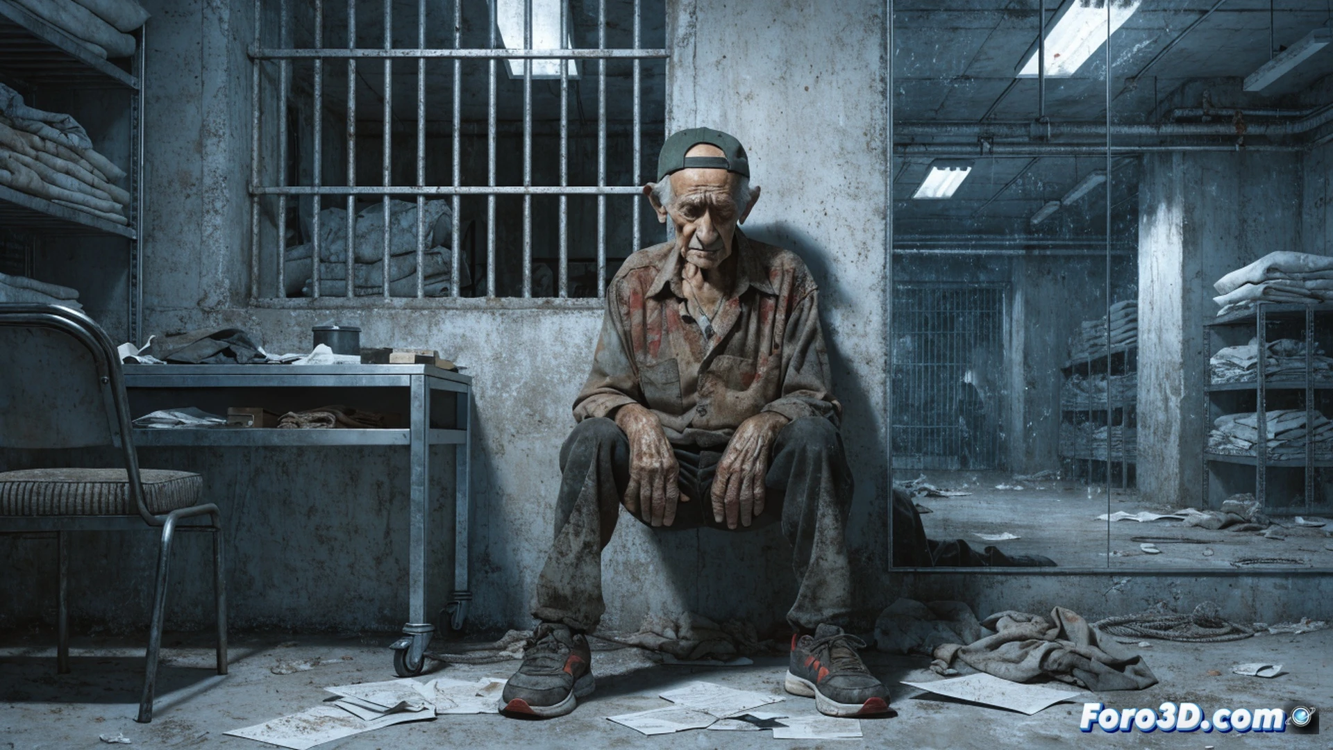Elderly frail man with visible medical monitors collapsed on a cold concrete detention floor, two uniformed officers standing rigidly with clipboards ignoring a blinking vital signs alarm, a dusty medical kit untouched on a steel shelf, clinical fluorescent lights casting harsh shadows, white institutional walls with a sealed metal door, photorealistic cinematic style, dramatic contrast between human vulnerability and bureaucratic machinery, stillness emphasizing neglect, hyper-detailed textures of wrinkled skin, worn uniform fabric, and sterile floor tiles
