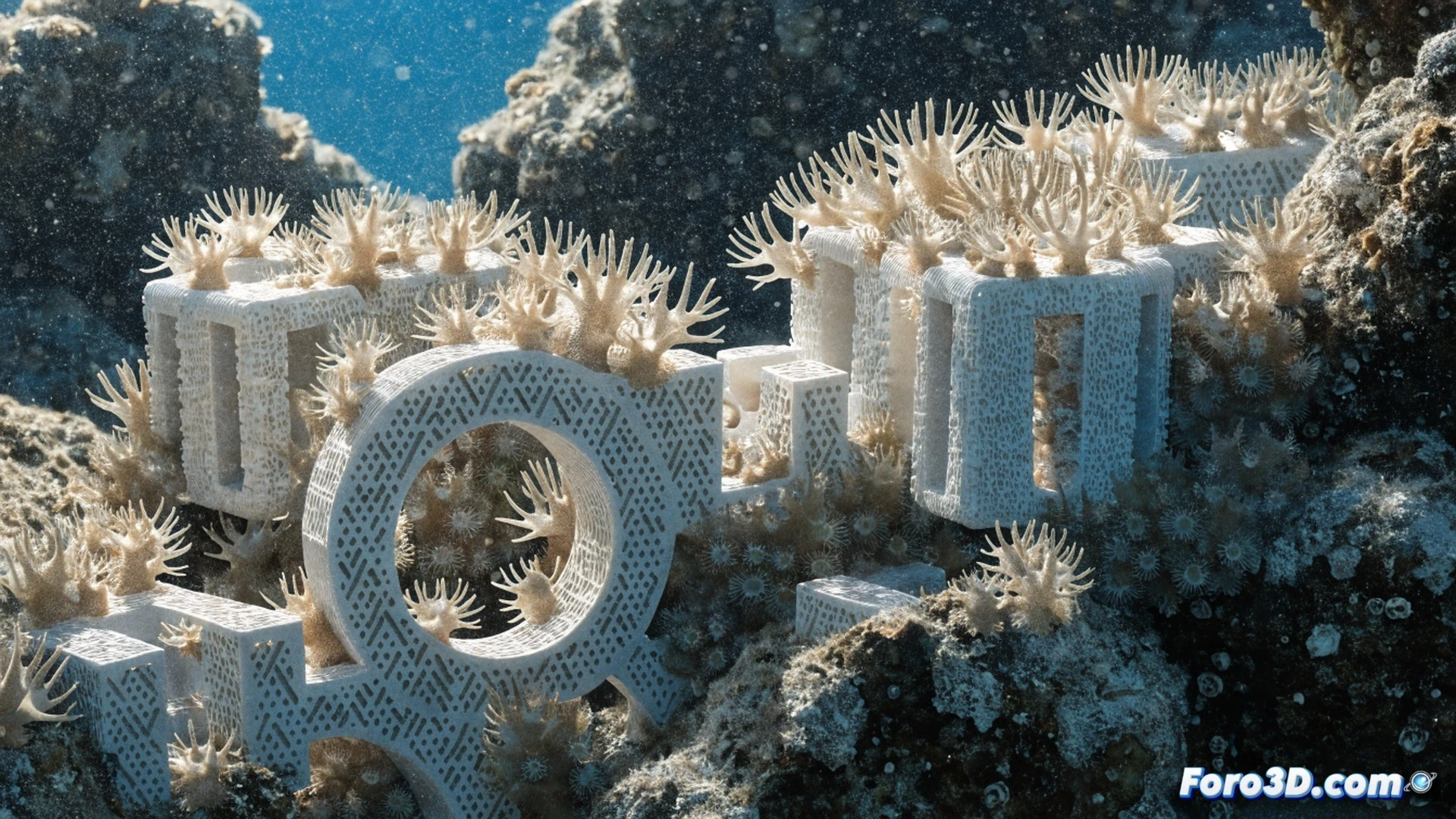 Underwater scene showing a modular 3D printed coral anchor being lowered onto a damaged reef, carbonate calcium base interacting with seawater, tiny coral polyps actively attaching to the porous surface, robotic arm with printing nozzle depositing material nearby, sunlight rays filtering through clear ocean water, photorealistic engineering visualization, marine restoration equipment visible, sediment particles drifting, glowing biological growth indicators on the anchor structure, cinematic lighting, ultra-detailed texture of artificial reef material
