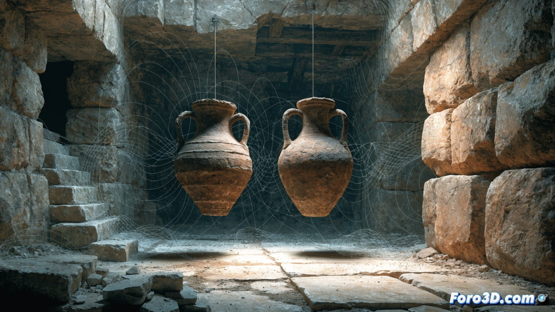 Ancient clay amphorae stacked in an archaeological excavation pit, one vessel being split open revealing baked clay interior with magnetic particle alignments visible as glowing vector lines, archaeologist using a handheld magnetometer measuring field intensity drop, digital holographic display showing Earth magnetic field lines collapsing by 30 percent between 206-155 BCE, photorealistic technical illustration, dramatic side lighting from excavation lamps, dust particles suspended in air, rough stone wall background, ultra-detailed ceramic texture, cinematic archaeological visualization
