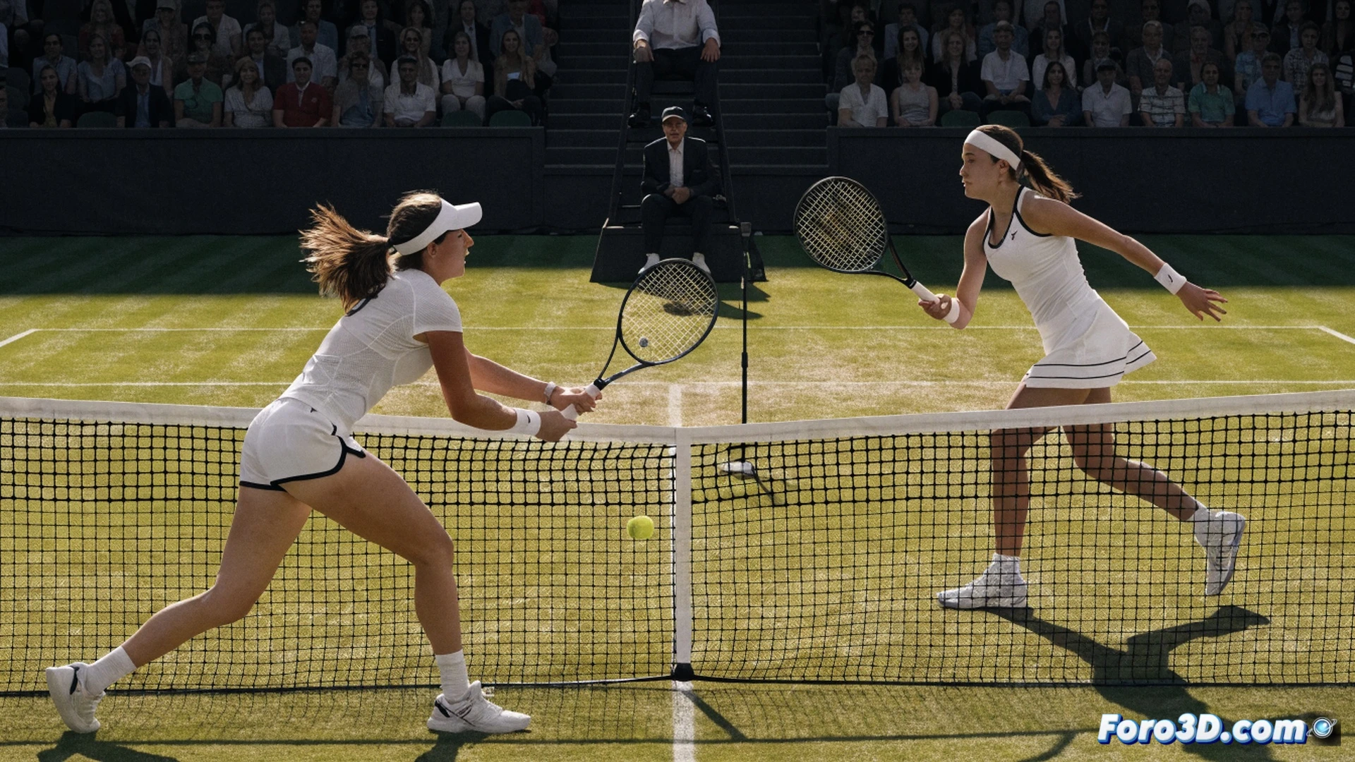 tie-break point on Wimbledon grass court, Amanda Anisimova lunging for a forehand passing shot while Sofia Kenin charges net, ball skimming low over net tape, crowd in blurred background, tennis racket strings vibrating on impact, white lines of baseline and service box visible, grass blades displaced by sliding footwork, dramatic late afternoon sunlight casting long shadows, high-speed motion freeze frame showing sweat droplets mid-air, photorealistic sports photography style, cinematic depth of field, tension in facial expressions, green and purple Wimbledon colour palette