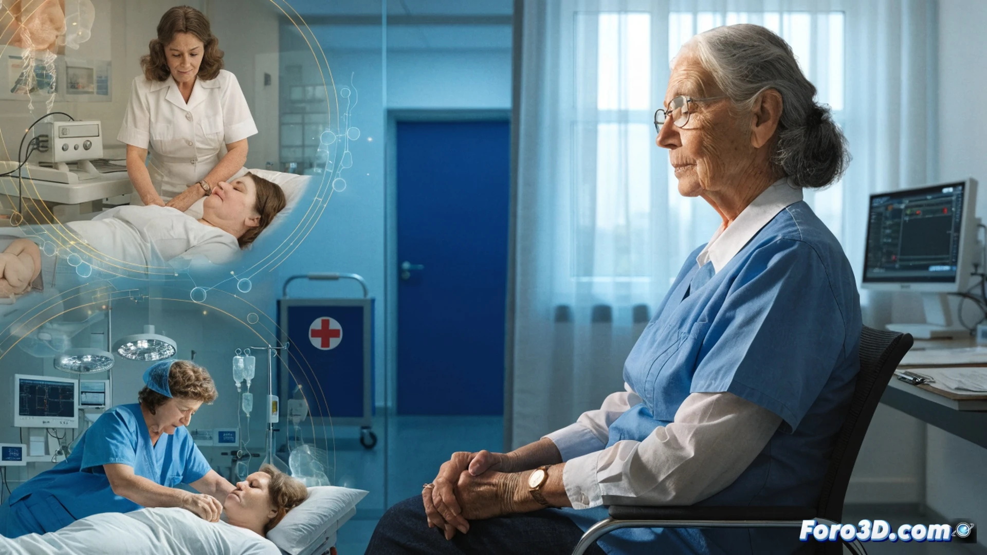 midwife in blue NHS uniform holding newborn baby while adjusting medical monitor cables, delivery room with fetal heart rate display showing active waveform, gloved hands gently supporting infant head, hospital bed with sterile equipment in background, soft clinical lighting illuminating the scene, photorealistic medical illustration, warm skin tones contrasting with cold steel tools, emotional moment of calm after birth, realistic texture on latex gloves and cotton sheets, cinematic depth of field, technical medical environment