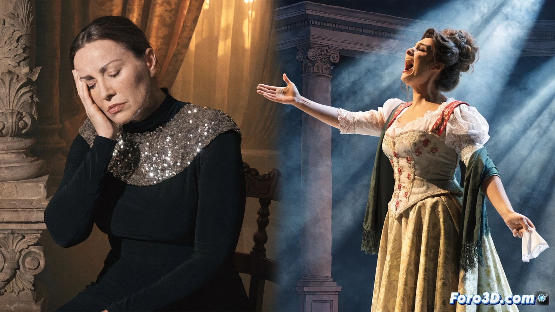 Opera stage with empty spotlight on center microphone stand, velvet curtain slightly parted, stagehand adjusting a fallen sheet music stand backstage, digital temperature gauge on wall showing 39 degrees Celsius, Anna Netrebko in green dressing gown fanning herself with opera score while sitting near cooling fan, medical wristband visible, theatrical lighting dimmed, realistic backstage scene, photorealistic technical illustration, warm amber and cool blue contrast, dust particles visible in light beams, high detail fabric textures