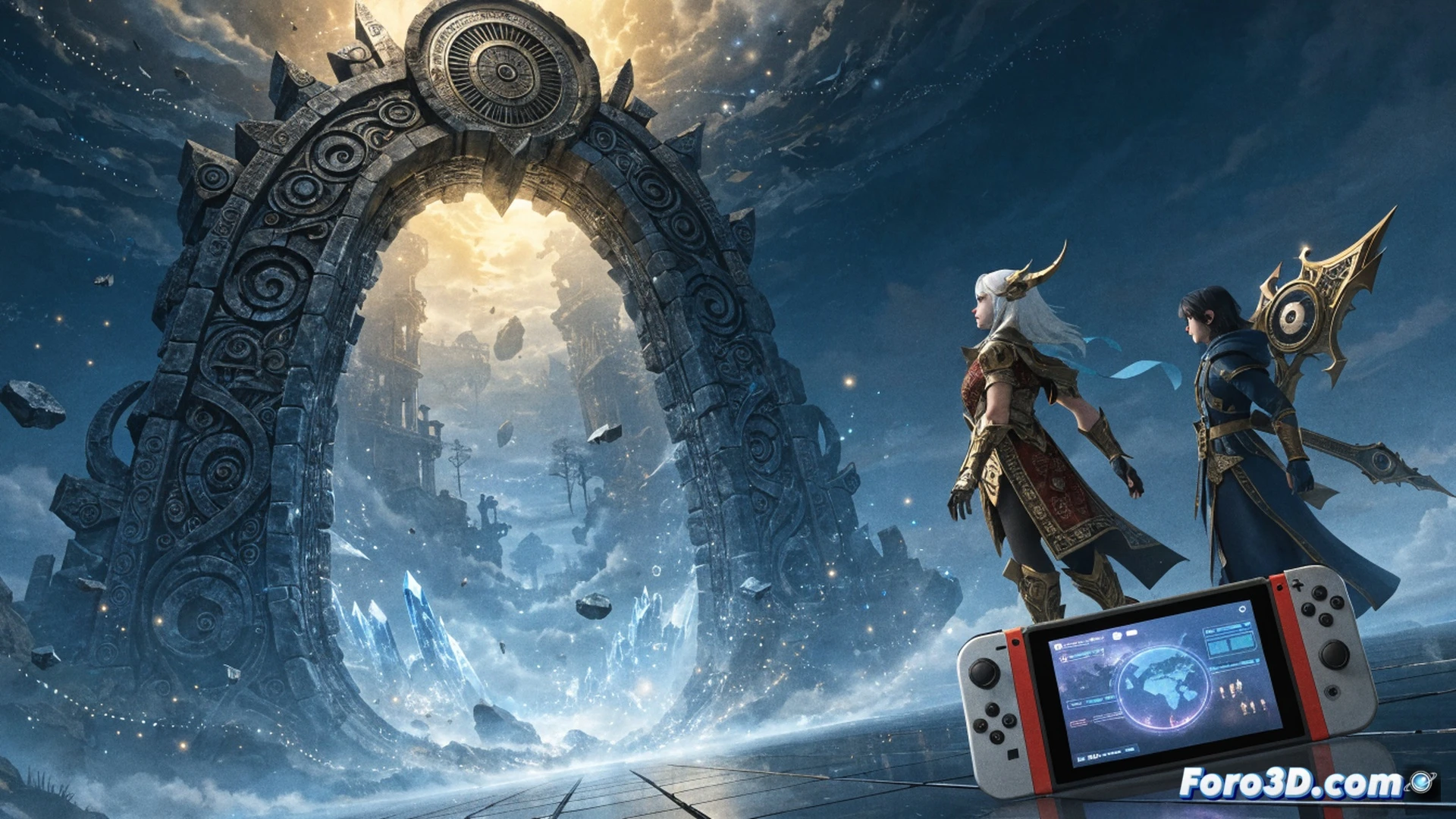 Nintendo Switch 2 abierta sobre una mesa de madera, cartucho de juego siendo insertado físicamente en la ranura, mano sosteniendo la caja de edición física de Another Eden Begins, reloj de arena digital sobre la pantalla con partículas de luz viajando hacia atrás, engranajes mecánicos visibles dentro del cartucho, fondo con estantería llena de juegos físicos, iluminación cálida de estudio, estilo cinematic photorealistic, textura metálica en los bordes de la consola, sombras suaves, enfoque nítido en el proceso de inserción