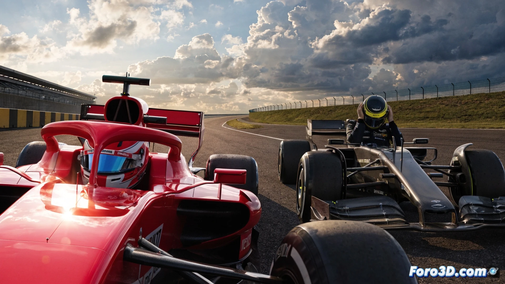 Formula 1 car braking into Silverstone's Copse corner at high speed, rear wing elements flexing under aerodynamic load, glowing brake discs emitting heat waves, front tires showing graining and rubber marbles flying off, asphalt surface with tire marks, contrasting cars in background on pit straight, cinematic engineering visualization, dramatic overcast sky, metallic reflections on carbon fiber bodywork, motion blur on spinning wheels, photorealistic technical render, ultra-detailed suspension components visible through wheel spokes, track barriers with FIA branding