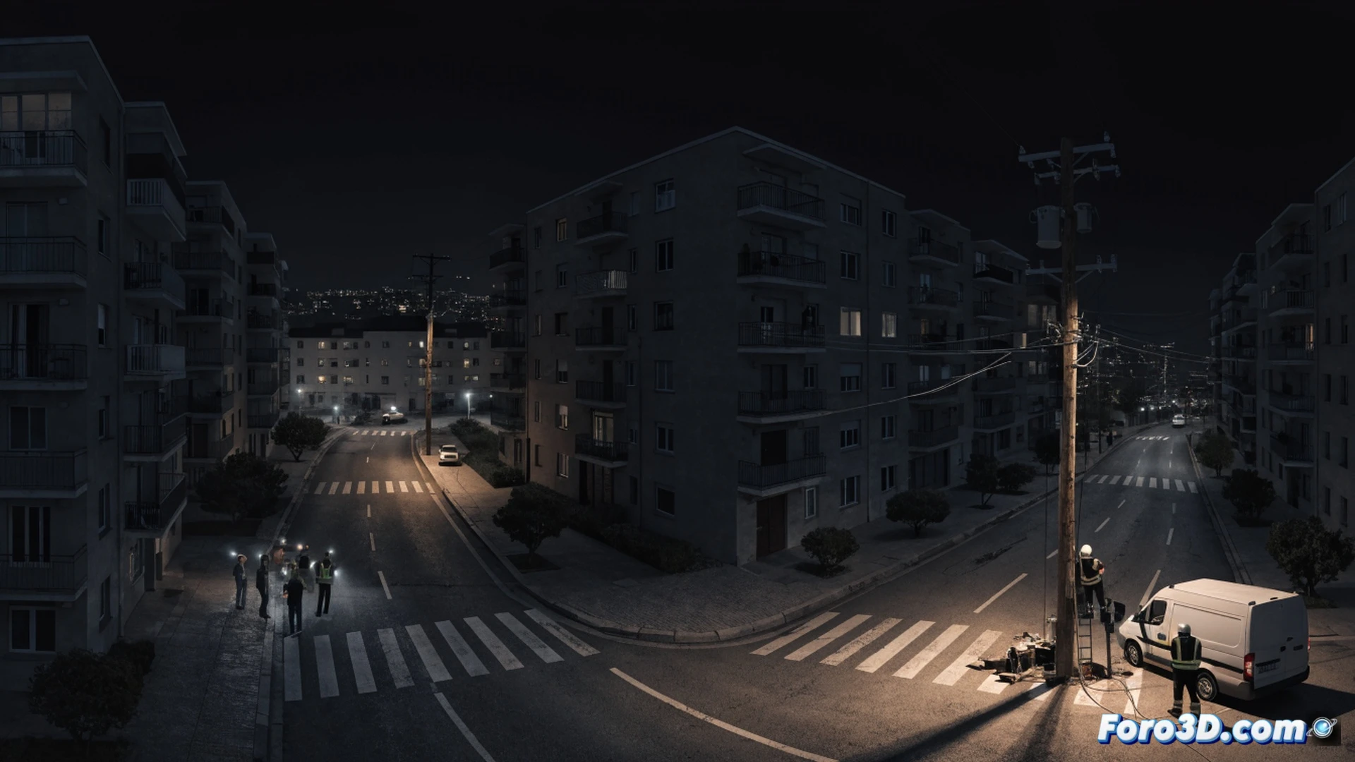 nighttime urban blackout scene, residential street in Collblanc district, L Hospitalet, rows of dark buildings and streetlights completely off, a single Endesa repair van with flashing orange lights parked near an open electrical manhole, two technicians in high-visibility suits working under portable floodlights, one inspecting a damaged underground cable with a thermal camera, the other using a tablet to check grid status, sparks visible from a frayed cable connection, silhouettes of apartment blocks against a starry sky, cinematic photorealistic style, dramatic contrast between darkness and emergency lights, technical engineering visualization, industrial atmosphere