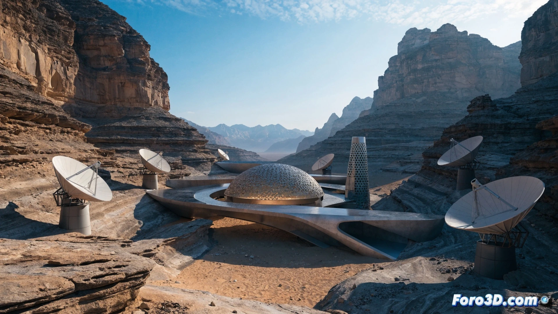 futuristic observatory AlUla Manara rising from red desert sand, curved glass dome reflecting starlight, engineers inspecting a holographic blueprint projected above a portable workstation, while a drone scans the construction site at dusk, cinematic engineering visualization, photorealistic architectural render, warm golden sunset lighting contrasting with cool blue hologram glow, sharp metallic surfaces, distant mountain silhouettes, precise technical details in scaffolding and crane structures, ultra-detailed desert terrain