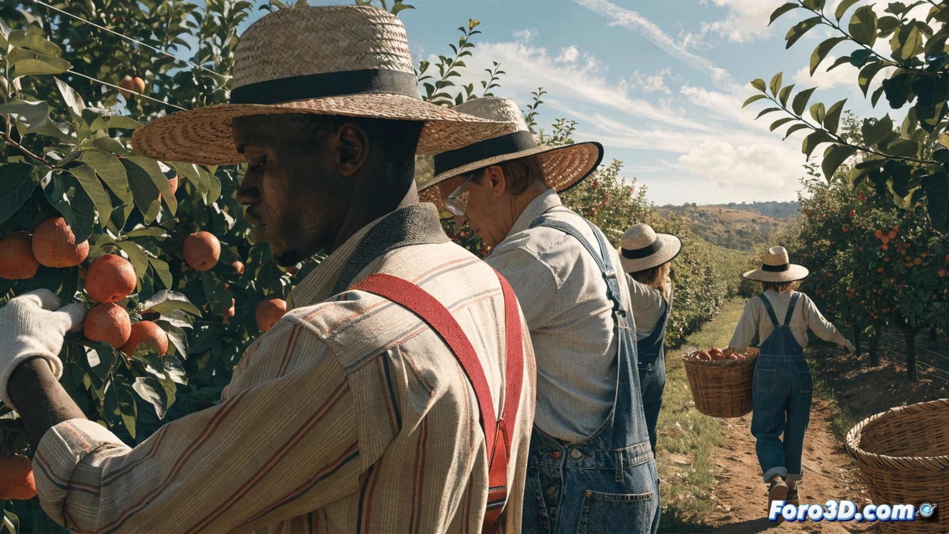 Campo de melocotoneros al amanecer, trabajadores agrícolas con guantes y cestas recogiendo fruta madura, tractores con remolques llenos de cosecha al fondo, documentos oficiales y sellos de regularización sobre una mesa de madera junto a herramientas de poda, estilo cinematográfico fotorrealista, iluminación dorada de sol bajo, profundidad de campo amplia, texturas detalladas en hojas y frutas, atmósfera laboral productiva, tonos cálidos de tierra y verde