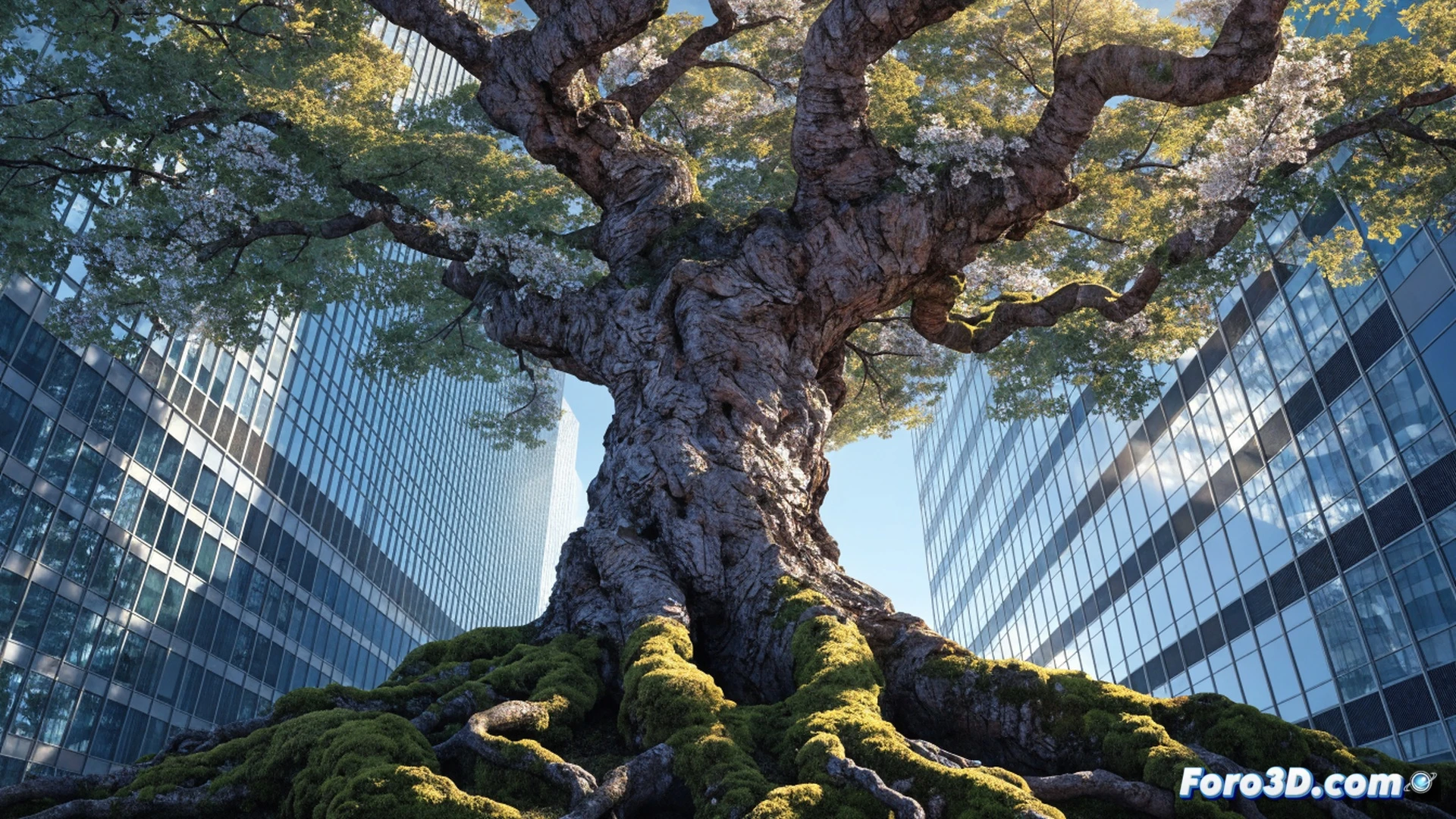 cinematic scene of a fragile elderly woman with walking stick standing before a massive ancient cherry tree with gnarled bark, her shadow stretching long across mossy ground as she reaches out to touch the trunk, time-lapse effect showing roots pulsing with golden light while her hand trembles, photorealistic nature documentary style, low-angle shot emphasizing tree height, dappled sunlight through pink blossoms, bark texture with centuries of growth rings visible, comparison between human frailty and arboreal permanence, misty forest background, dramatic natural lighting, ultra-detailed botanical structures, emotional stillness