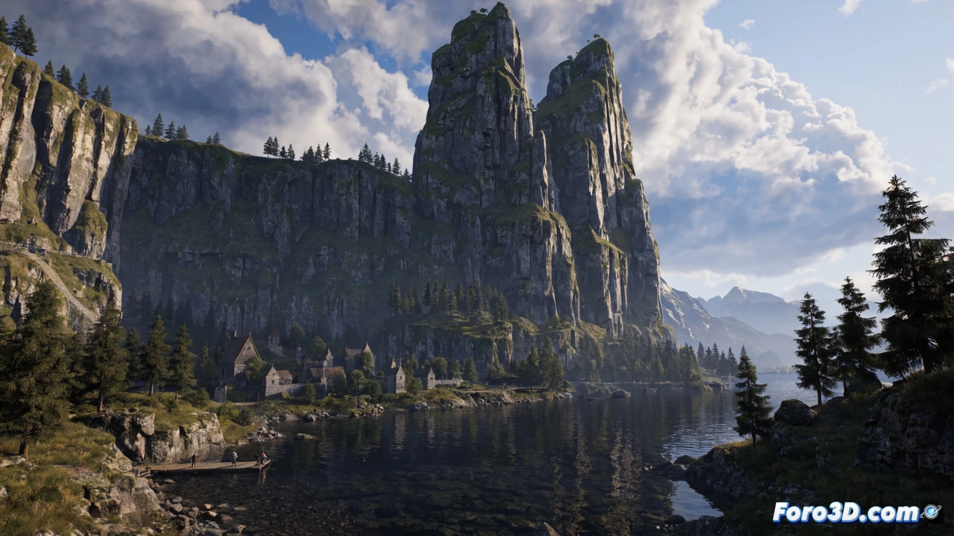 XL Games developer adjusting Unreal Engine 5 lighting parameters on a monitor while a medieval fantasy warrior in polished plate armor fights a glowing crystal golem on a castle bridge, water reflections on cobblestones, Lumen global illumination casting dynamic shadows, Nanite geometry visible on stone textures, photorealistic cinematic visualization, Unreal Editor interface partially visible, particle effects bursting from combat impact, dramatic sunset sky with volumetric clouds, ultra-detailed armor scratches and cloth physics, technical game development scene