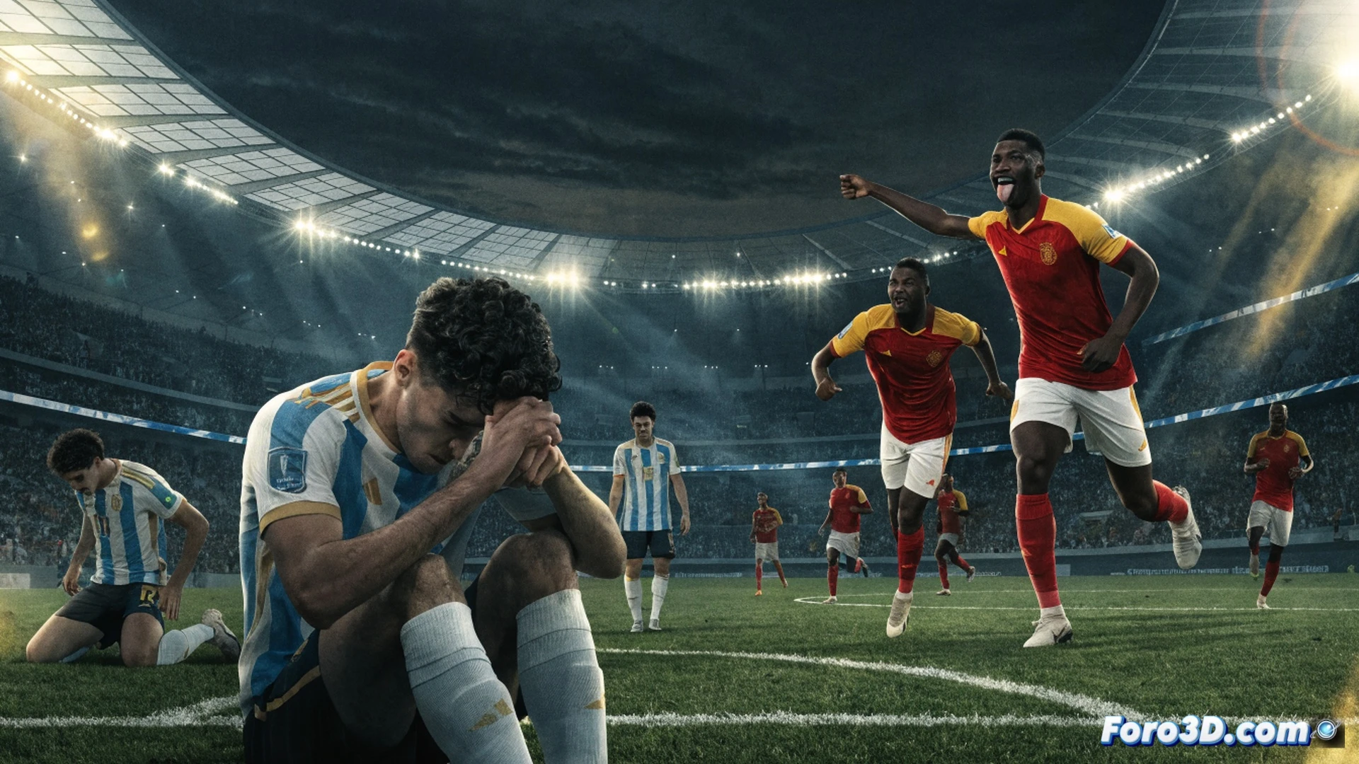 photorealistic technical illustration, Argentina national football team defensive line collapsing under pressure, Cabo Verde forward dribbling past two Argentine defenders during a chaotic counterattack, goalkeeper diving late, stadium floodlights casting dramatic shadows, defensive gaps visible between center-backs and fullbacks, tactical diagram overlay showing broken formation lines, grass turf with scuff marks and player motion blur, intense match action, cinematic sports photography style, ultra-detailed player expressions of panic and exertion, high-contrast lighting, depth of field emphasizing the defensive breakdown