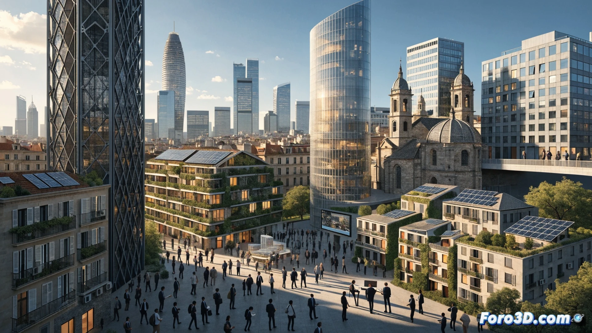Barcelona skyline at sunset, architects and engineers gathered around a large wooden model of a sustainable neighborhood, solar panels on rooftops, green vertical gardens on facades, electric construction vehicles moving silently, digital tablets showing climate adaptation blueprints, wind turbines visible in the background, holographic building performance data floating above the model, cinematic architectural visualization, warm golden hour light casting long shadows, photorealistic urban planning scene, professionals pointing at specific model sections while discussing, technical illustration style